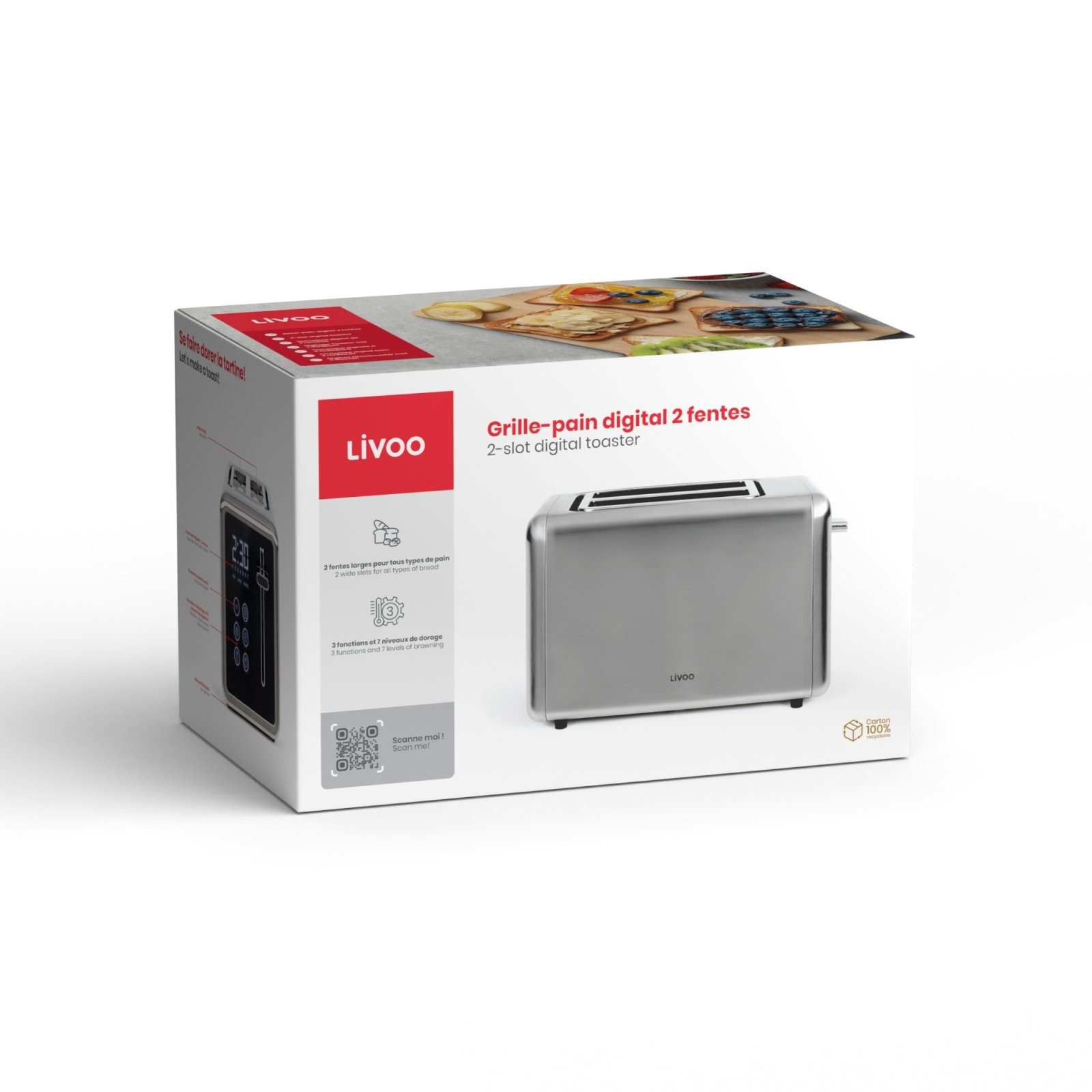 LIVOO Toaster Toaster 2 Scheiben Edelstahl digital Display 2 Schlitztoaster 7, 2 kurze Schlitze, für 2 Scheiben, 850,00 W, Auftaufunktion