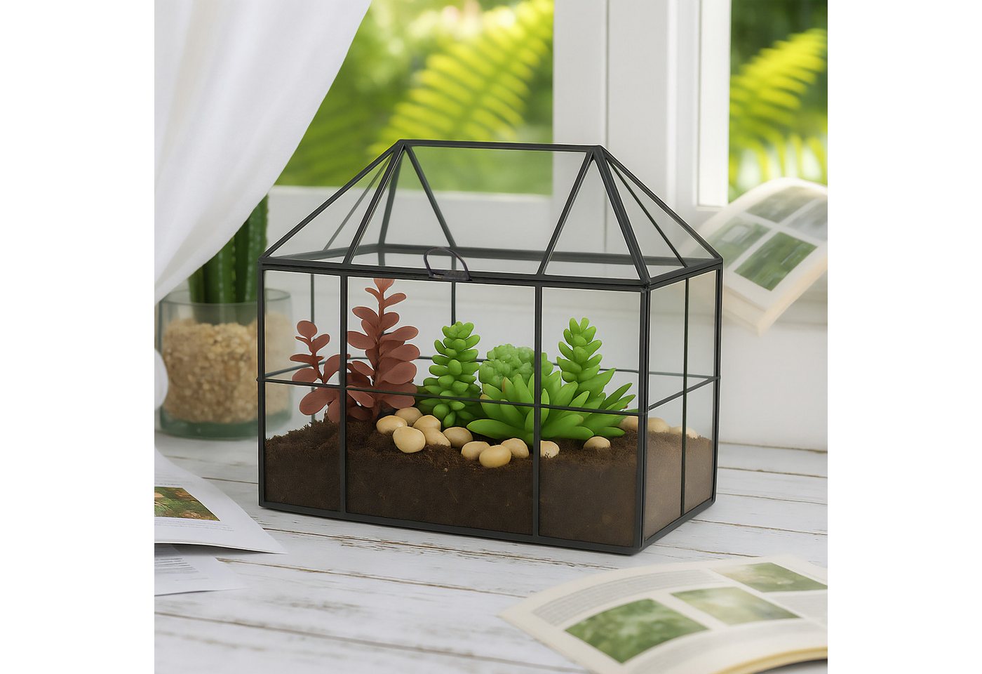 Thumbnail - relaxdays Gewächshaus Pflanzenterrarium aus Glas Hausform, 1-St., Schwarz