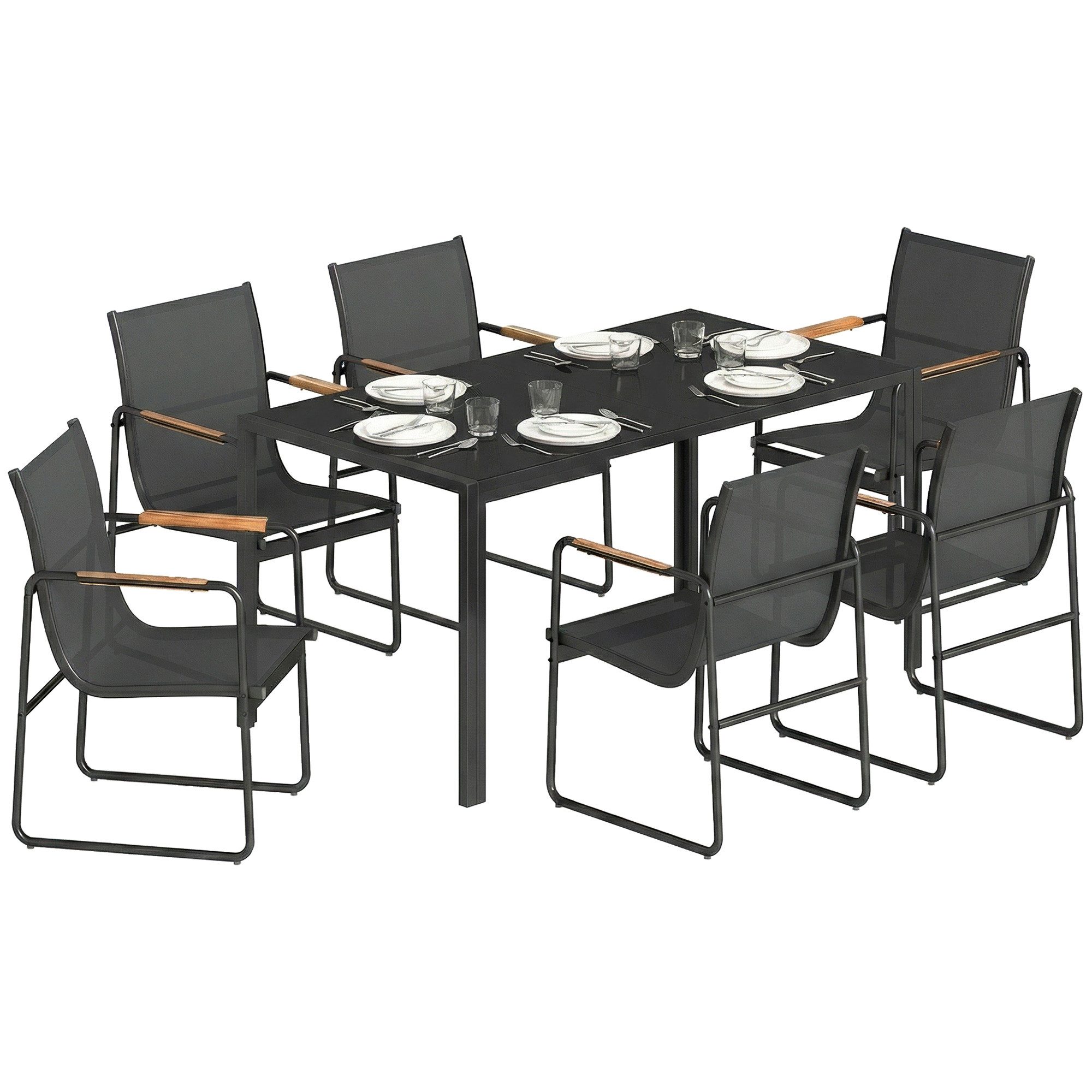 Outsunny Garten-Essgruppe Glastisch mit 6 Atmungsaktiven Stühlen, Dekorative Armlehnen, (Gartenset, 7-tlg., Gartenmöbel Set), bestehend aus 6 Sesseln und 1 Tisch