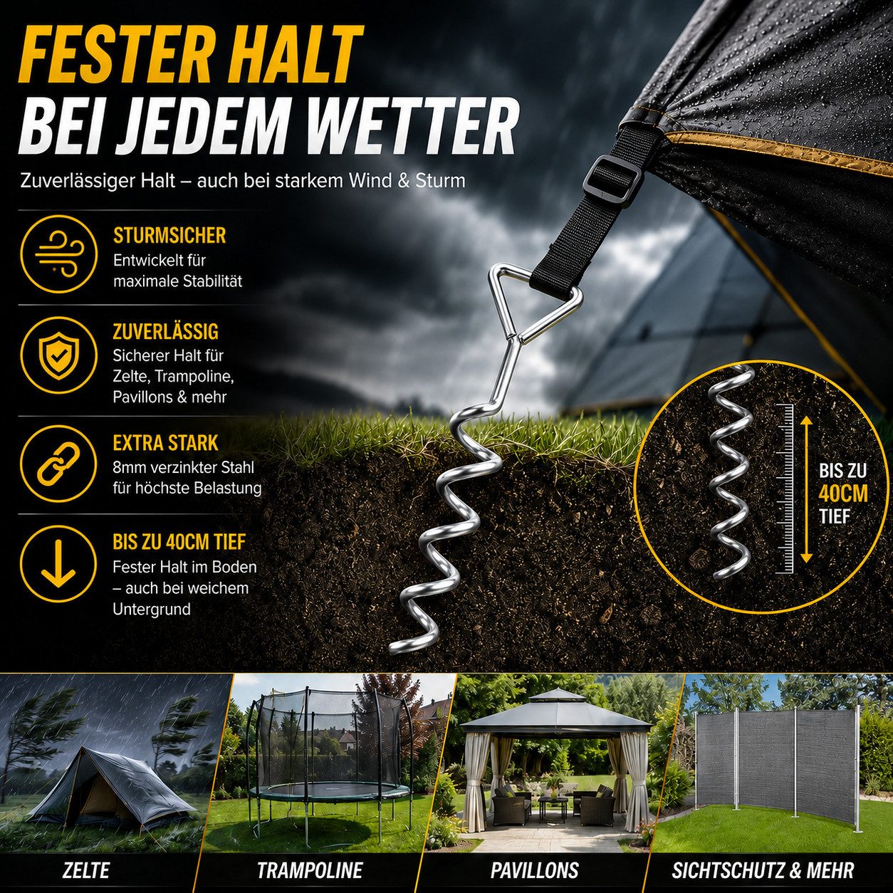 Best for Home Bodenanker Trampolin-Bodenanker-Set, 4-teilig – Anker mit XXL-Gurten für Zelte