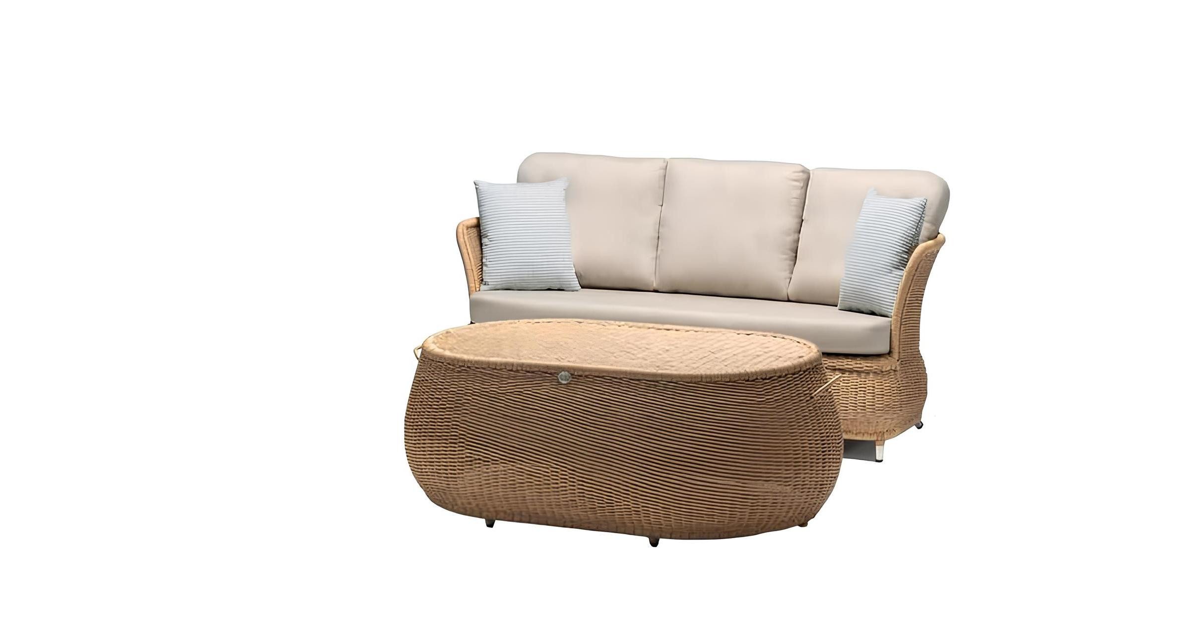 Xlmoebel Gartenliege Luxuriöse Rattan-Sofa-Garnitur mit hochwertigem Stoffbezug, 2tlg Set(Sofa 3 Sitzer+Couchtisch), Hergestellt in Europa