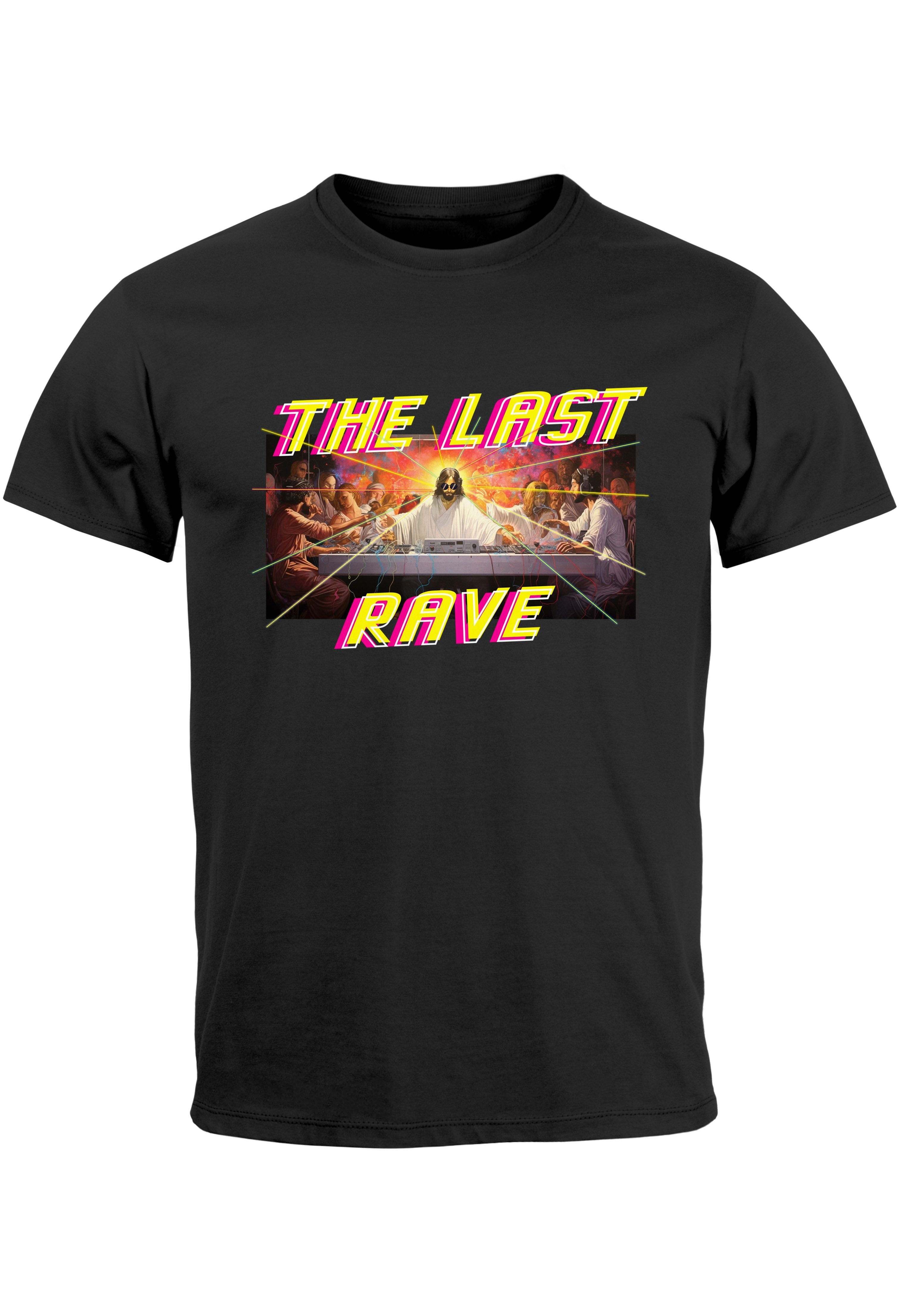 Neverless Print-Shirt Herren T-Shirt Techno The Last Rave Parodie Das letzte Abendmahl Jesus mit Print schwarz