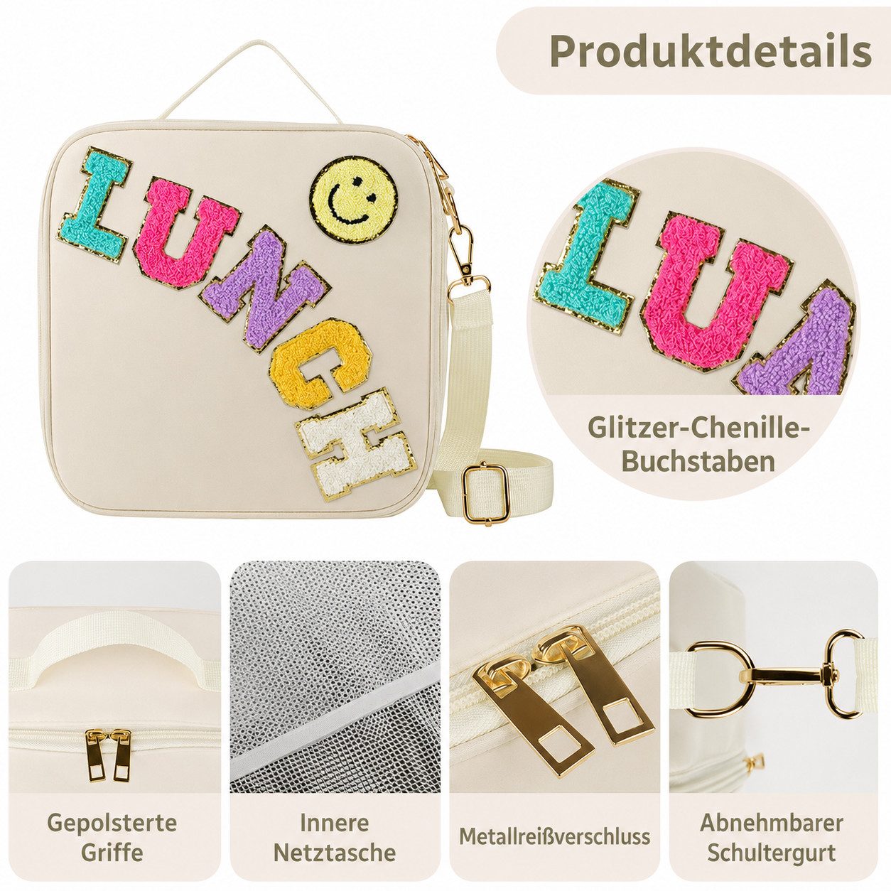 Diwzbyn Lunchbox Lunchbag Isoliert, Mit Verstellbarem Schulterriemen, Tragbar, Mit Folienfutter, Niedliches Design für Schule & Reisen – Bild 2 von 5