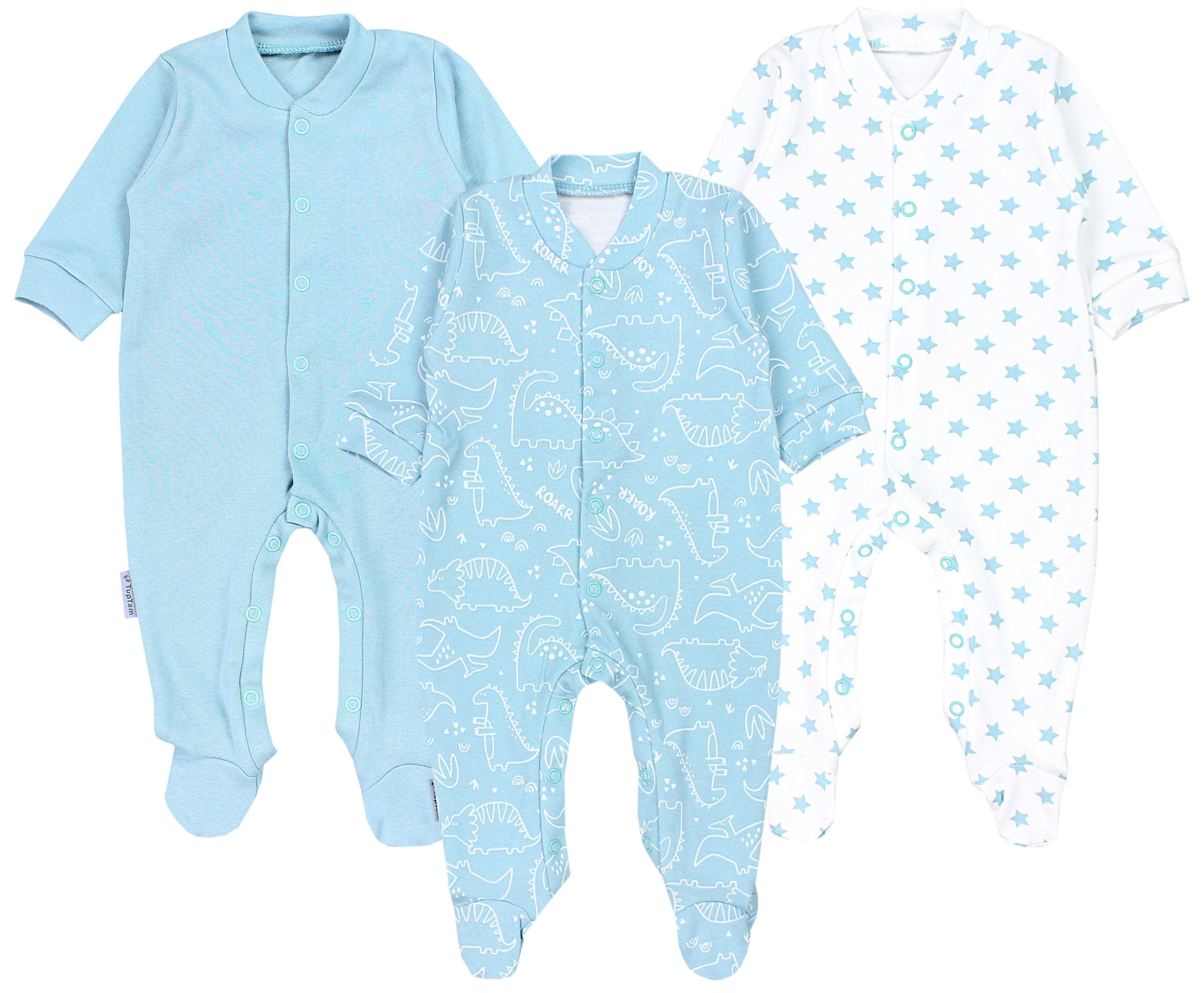 TupTam Schlafoverall Baby Jungen Schlafstrampler Langarm Schlafanzug mit Fuß 3er Pack Dino Park Sterne Beige Weiß