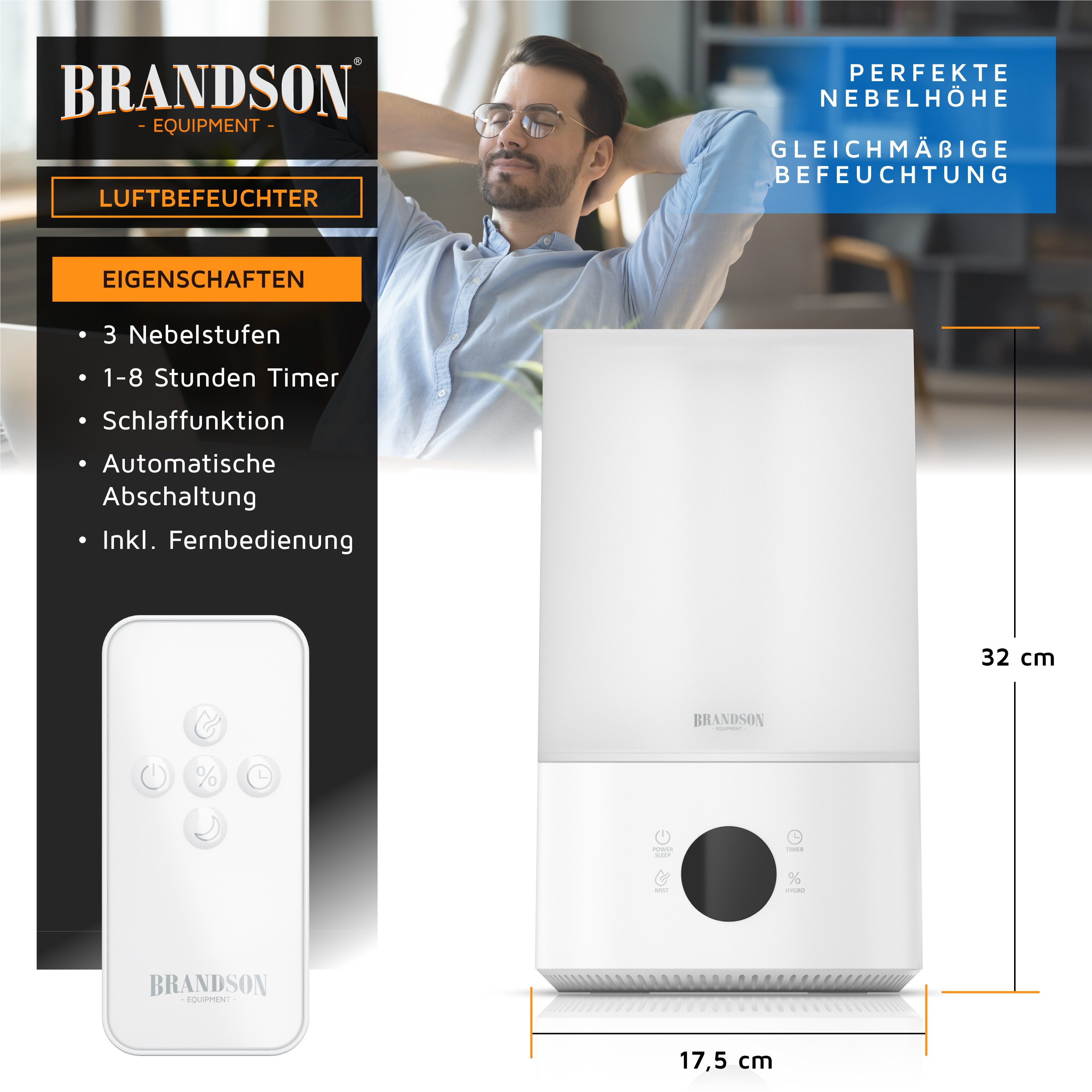 Brandson Luftbefeuchter digital mit Display, 3 Nebelstufen, Timer, 4,2 L Wassertank, 4.2 l Wassertank, einstellbar von 40–90 %, Fernbedienung, sehr leise, Abschaltautomatik