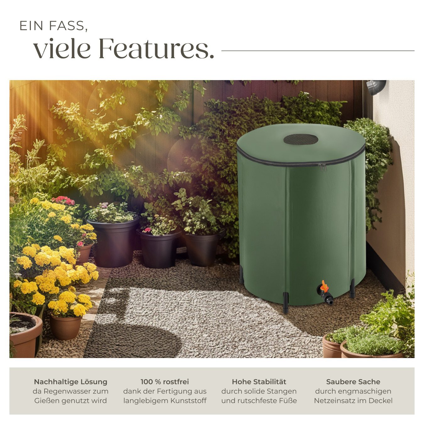 tectake Regentonne, 200 l, mit Hahn und Überlaufschutz