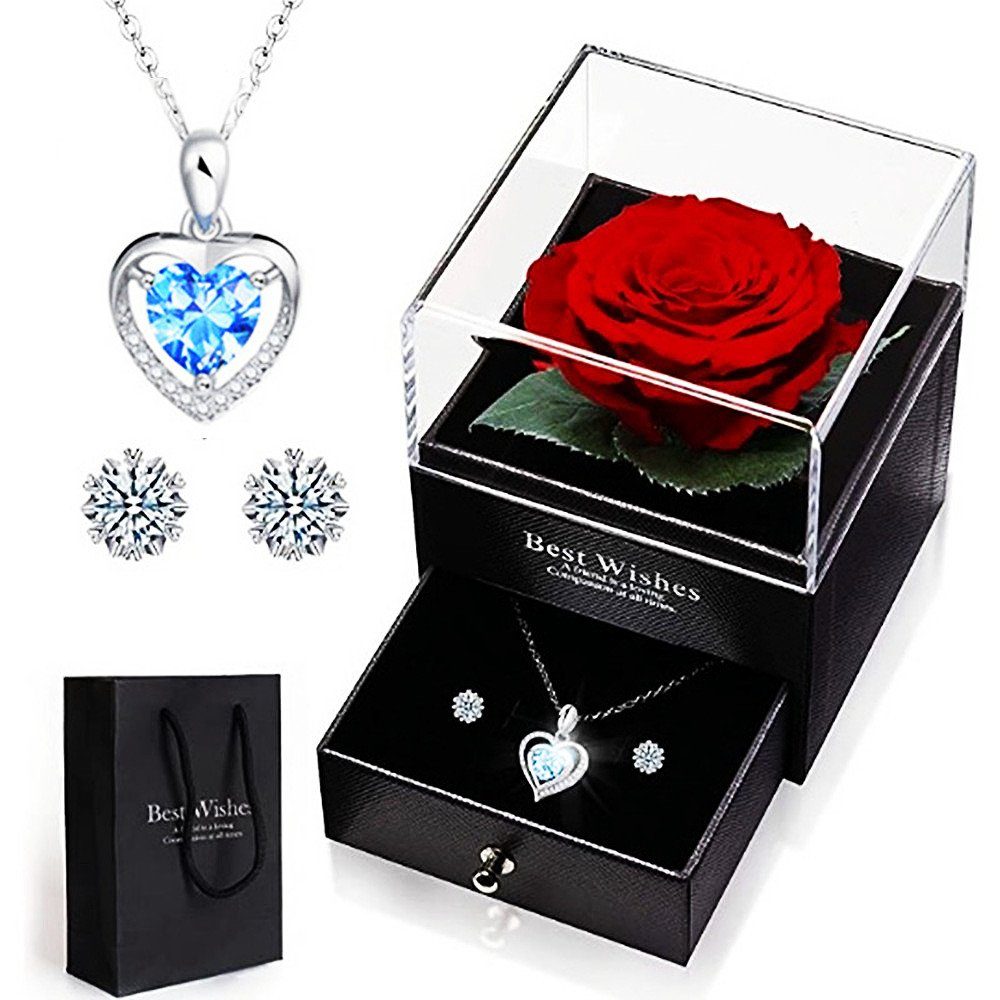 XDeer Schmuckset Ewige Rose mit Herz Halskette und Ohrringe aus 925 Sterlingsilber, Konservierte Blumen Rosenbox,Rose Geschenk für Frauen,Schmuckset blau | Schmuck-Sets