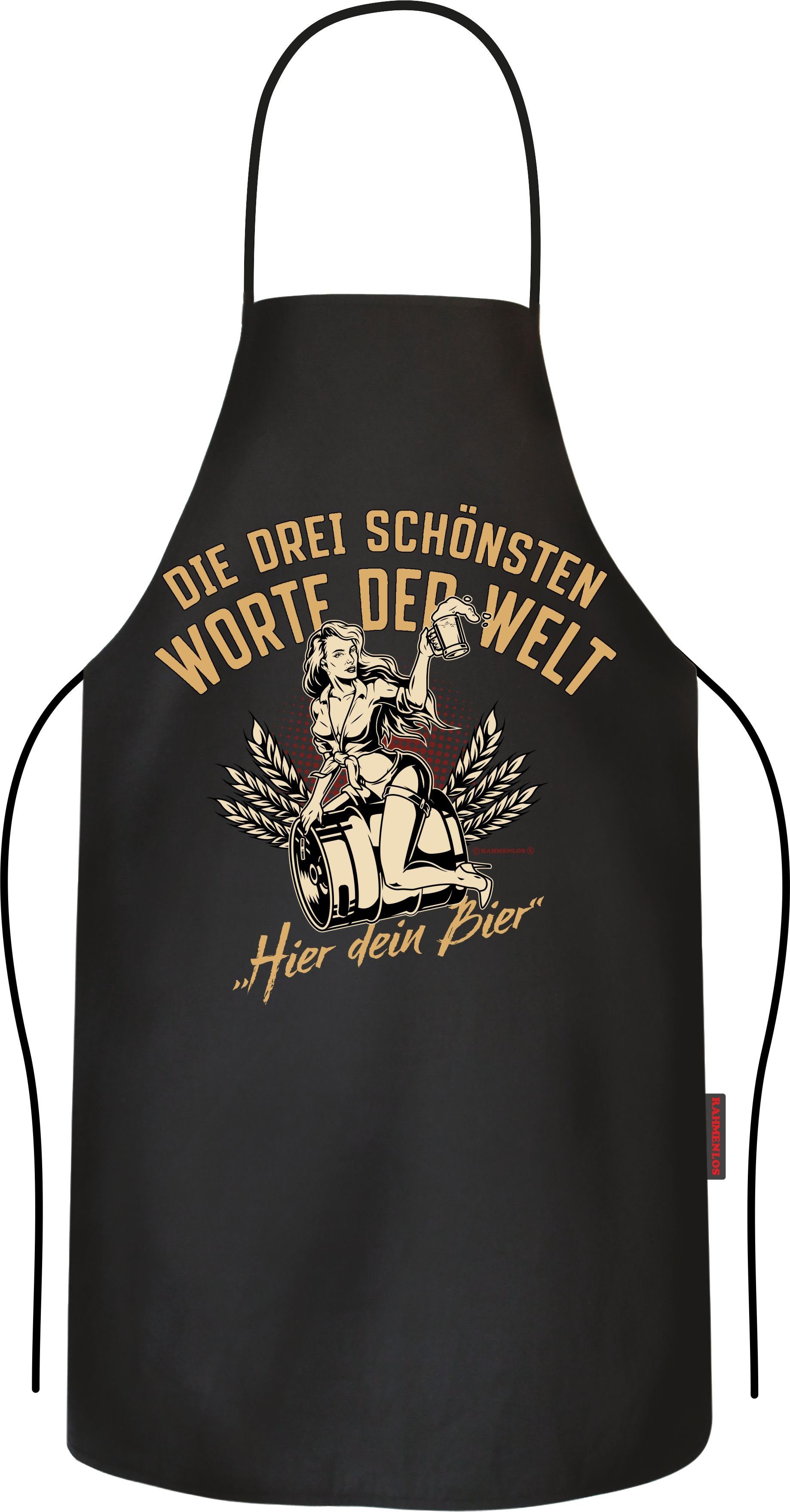 RAHMENLOS® Grillschürze das Geschenk für Männer: Die drei schönsten Worte..., hier Dein Bier