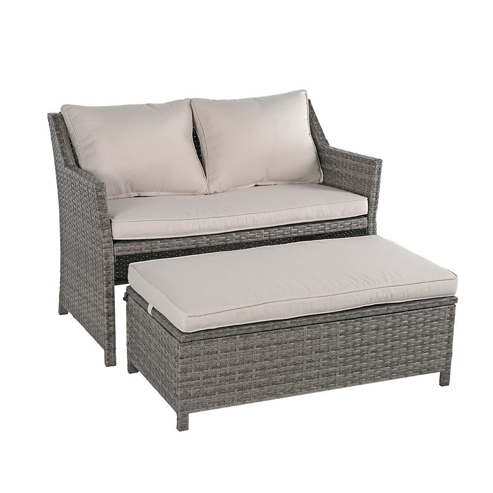JOIVI Gartenbank 2-tlg Outdoor Rattan Gartenbank (Terrasse Loveseat mit Couchtisch, mit integriertem Staufach), grauem Rattan und grauen Kissen