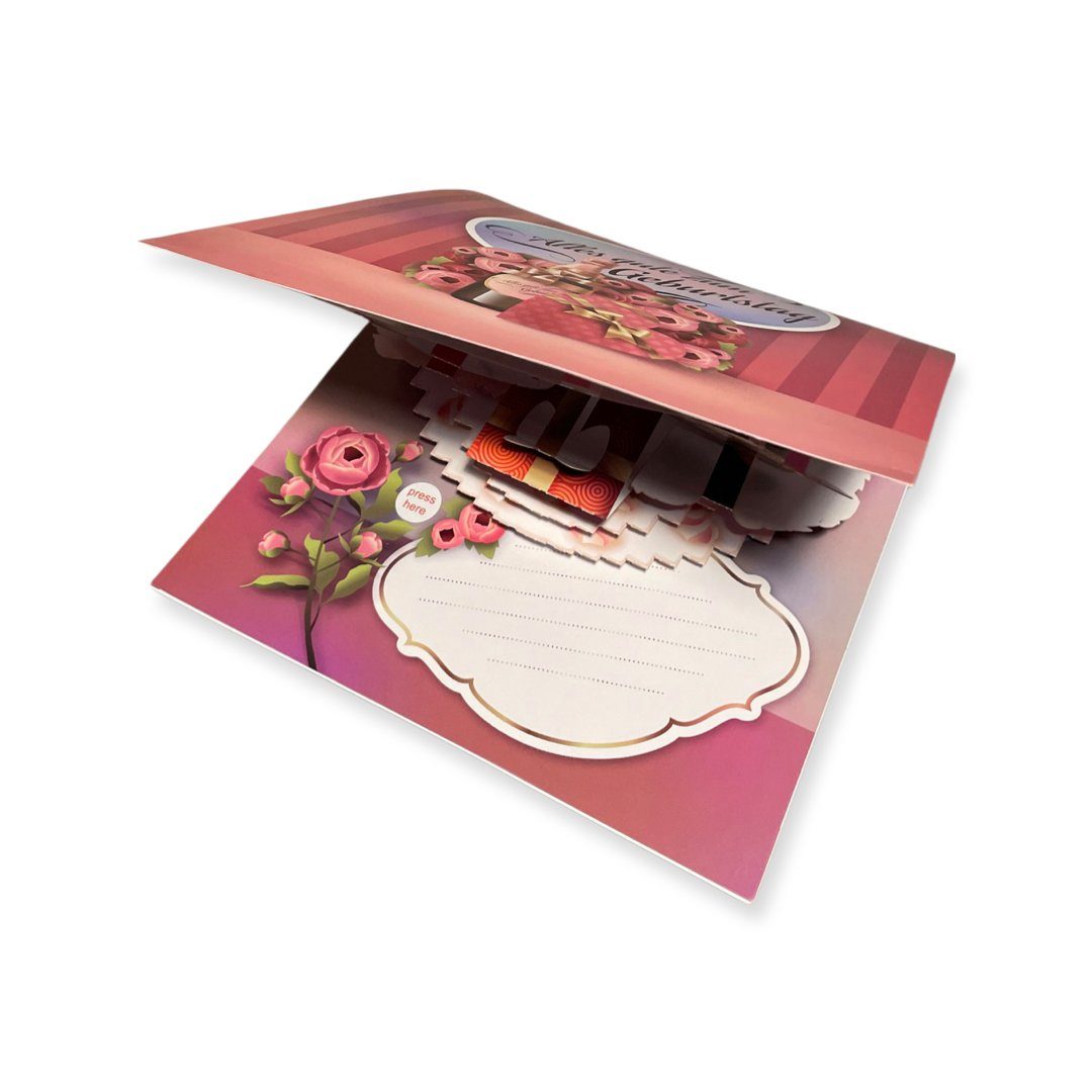 Rosen Torte mit 3D Geburtstagskarte Aufnahmefunktion Pop-Up Farbe Glückwunschkarte Champagner in Frauen UNIQARD® Blumen für UNIQARD Rosa