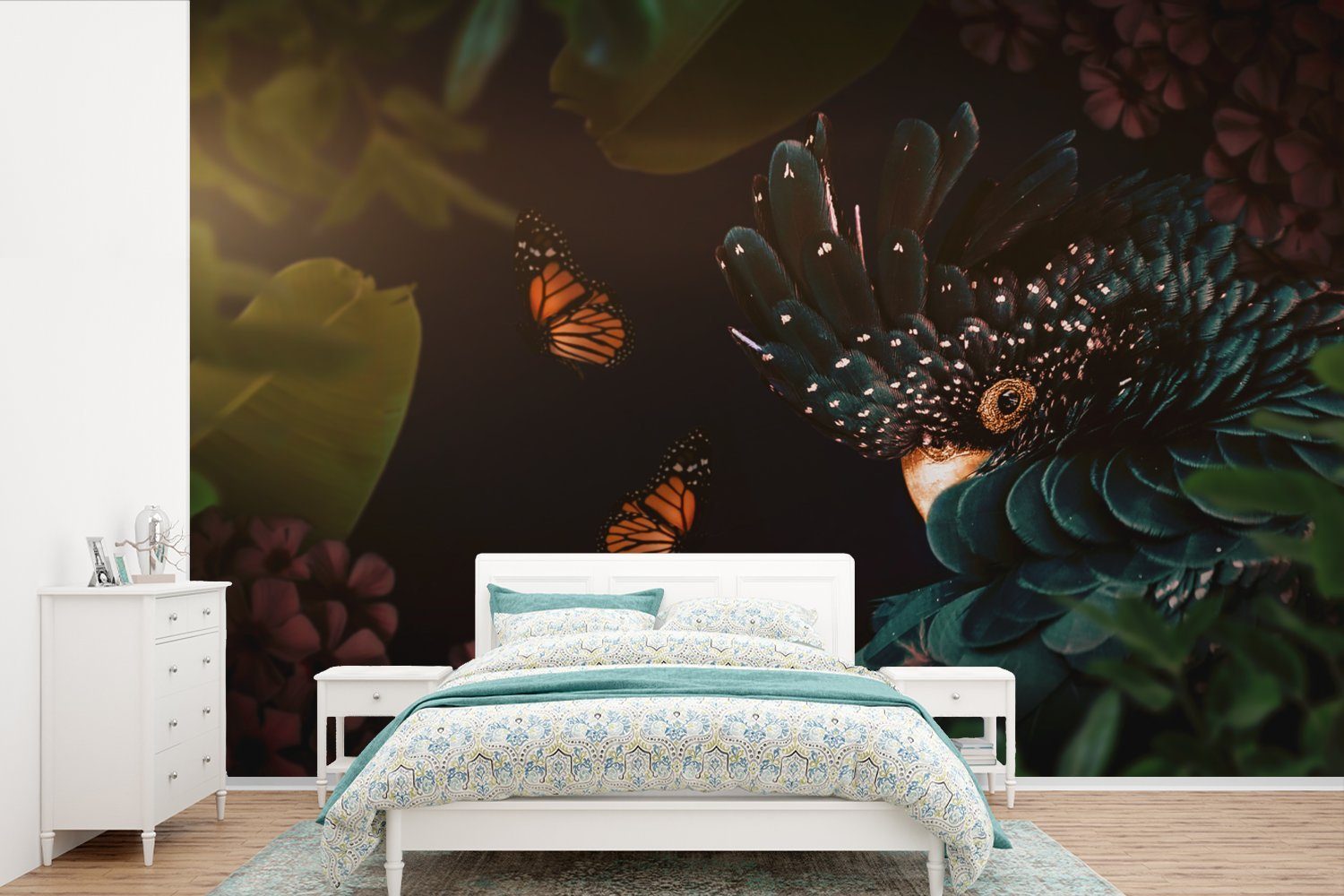 bedruckt, - St), Wallpaper Tapete Vogel Schlafzimmer, - Matt, (6 MuchoWow für Dschungel - Kinderzimmer, Fototapete Blumen, Vinyl Schmetterling Wohnzimmer,