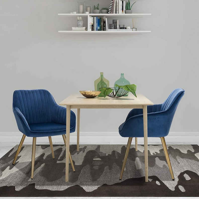 EUGAD Polsterstuhl (1 St), Esszimmerstuhl mit Armlehnen, Küchenstuhl Wohnzimmerstuhl, Sitzfläche aus Samt Polstersessel Stuhl mit Metallbeine, Blau