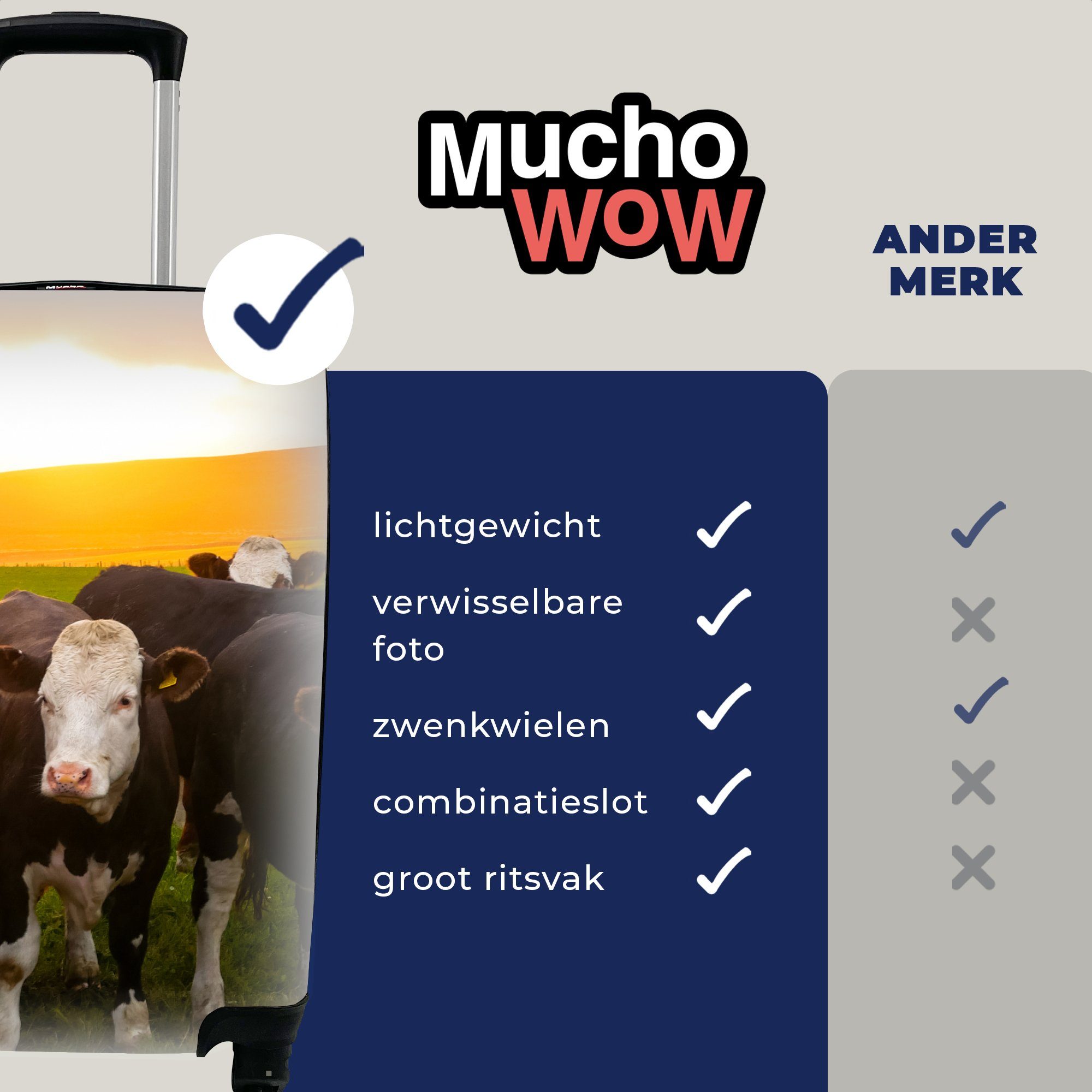 MuchoWow Handgepäckkoffer Kühe - Ferien, Grün, - - für mit Hügel Handgepäck rollen, Rollen, Gras Trolley, 4 Sonnenuntergang Reisekoffer Reisetasche 