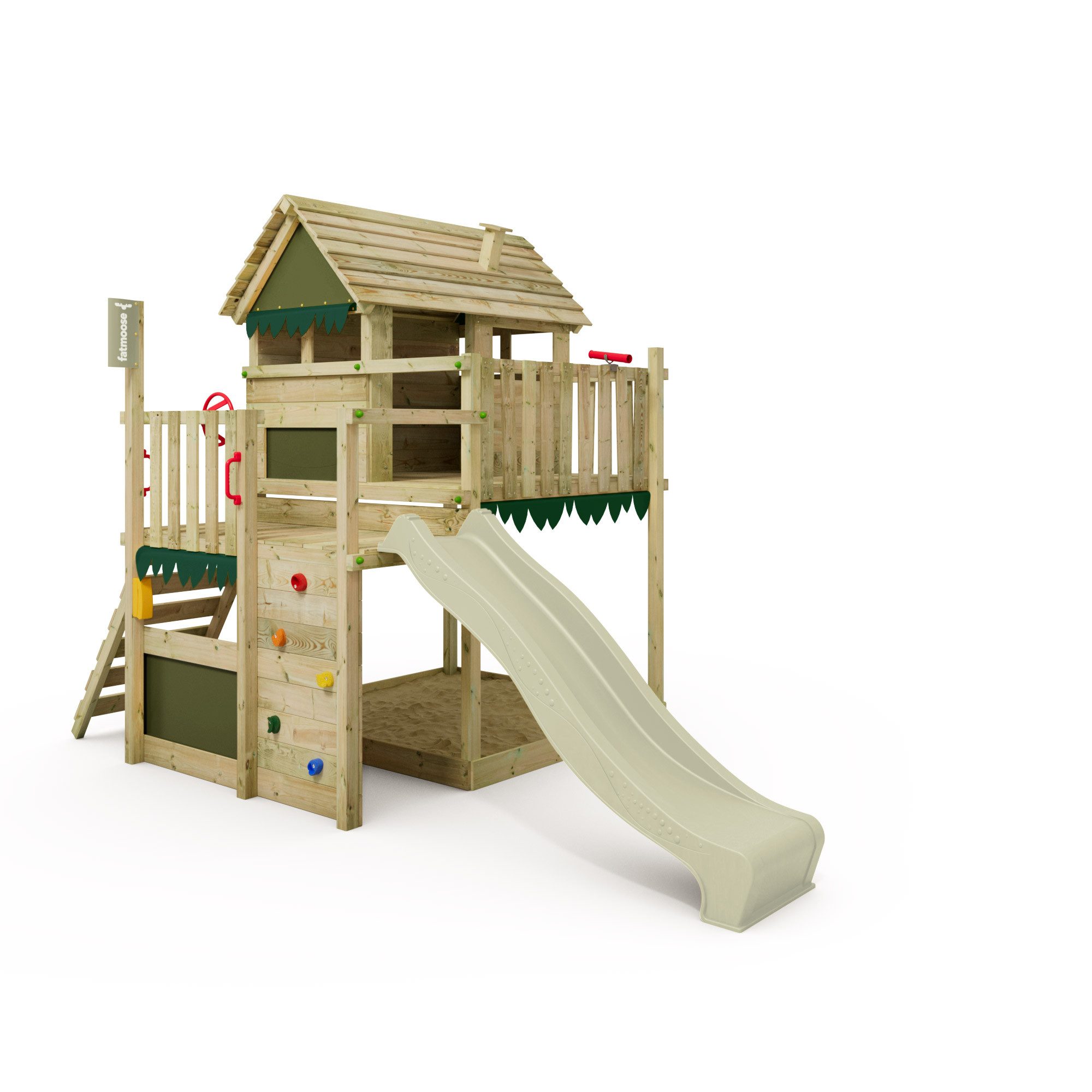 FATMOOSE Klettergerüst MightyMansion Move XXL Spielhaus mit Rutsche und Sandkasten, (Spielturm mit Kletterleiter, zwei Spielplattformen und Kletterwand, Stelzenhaus für Kinder mit Ladentheke im großen Spielhaus), extrem witterungsbeständiges Gartenspielgerät mit 10 Jahren Garantie*