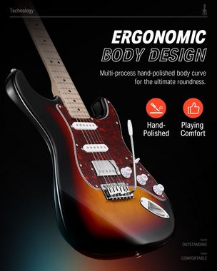 Donner E-Gitarre E-Gitarren Elektro-Akustisch ST E Gitarren Set volle Größe, Perforiertes, Festkörper,TC-Stil