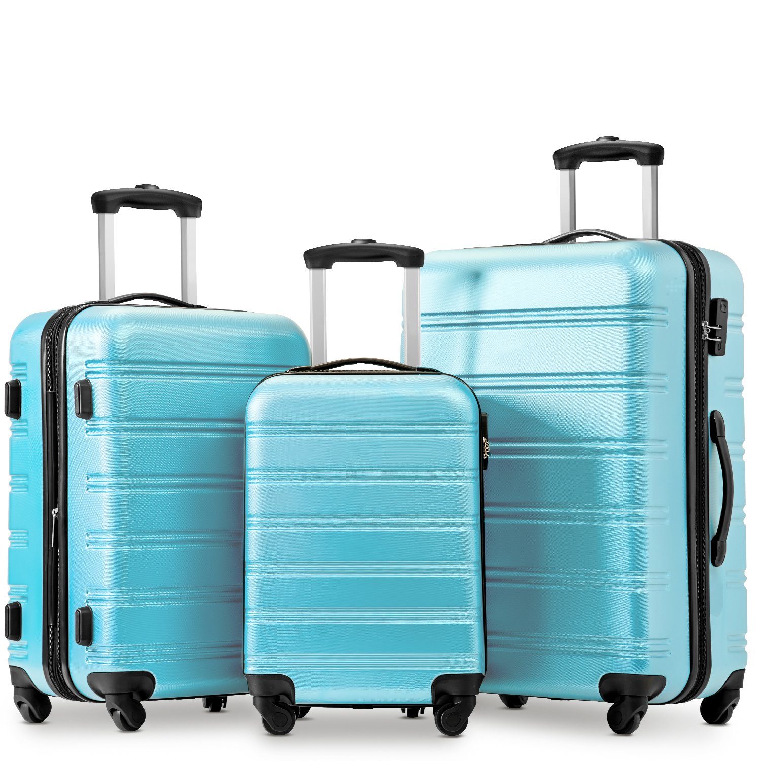 OKWISH Trolley Hartschalenkofferset 3-tlg, 4 Rollen, Hartschalen-Koffer, Rollkoffer, Reisekoffer, Handgepäck, ABS-Material Blau