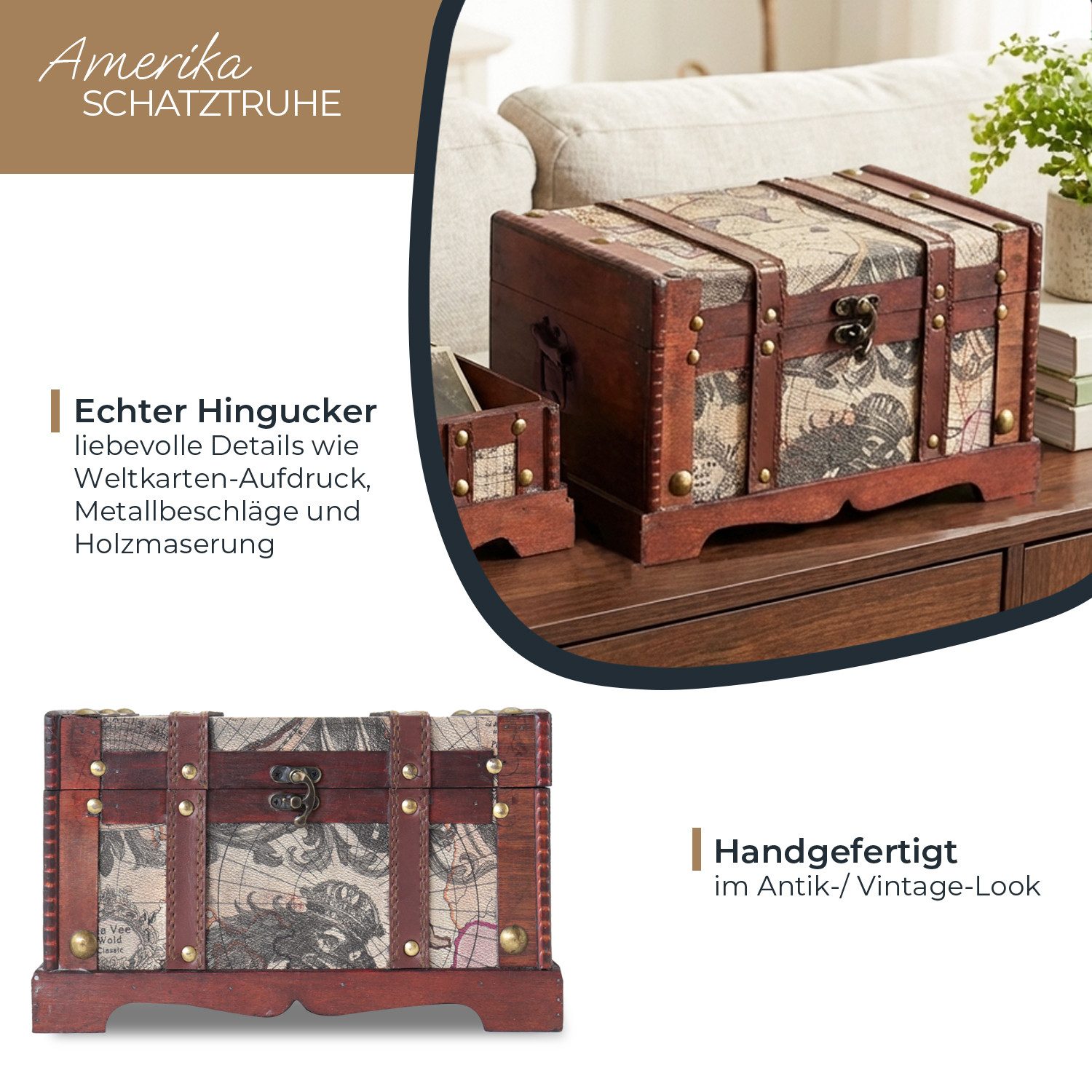 HMF Schatzkiste Handgefertigte Schatztruhe aus Holz (1 St), dekorative Holztruhe, 29 x 20 x 17 cm, Amerika