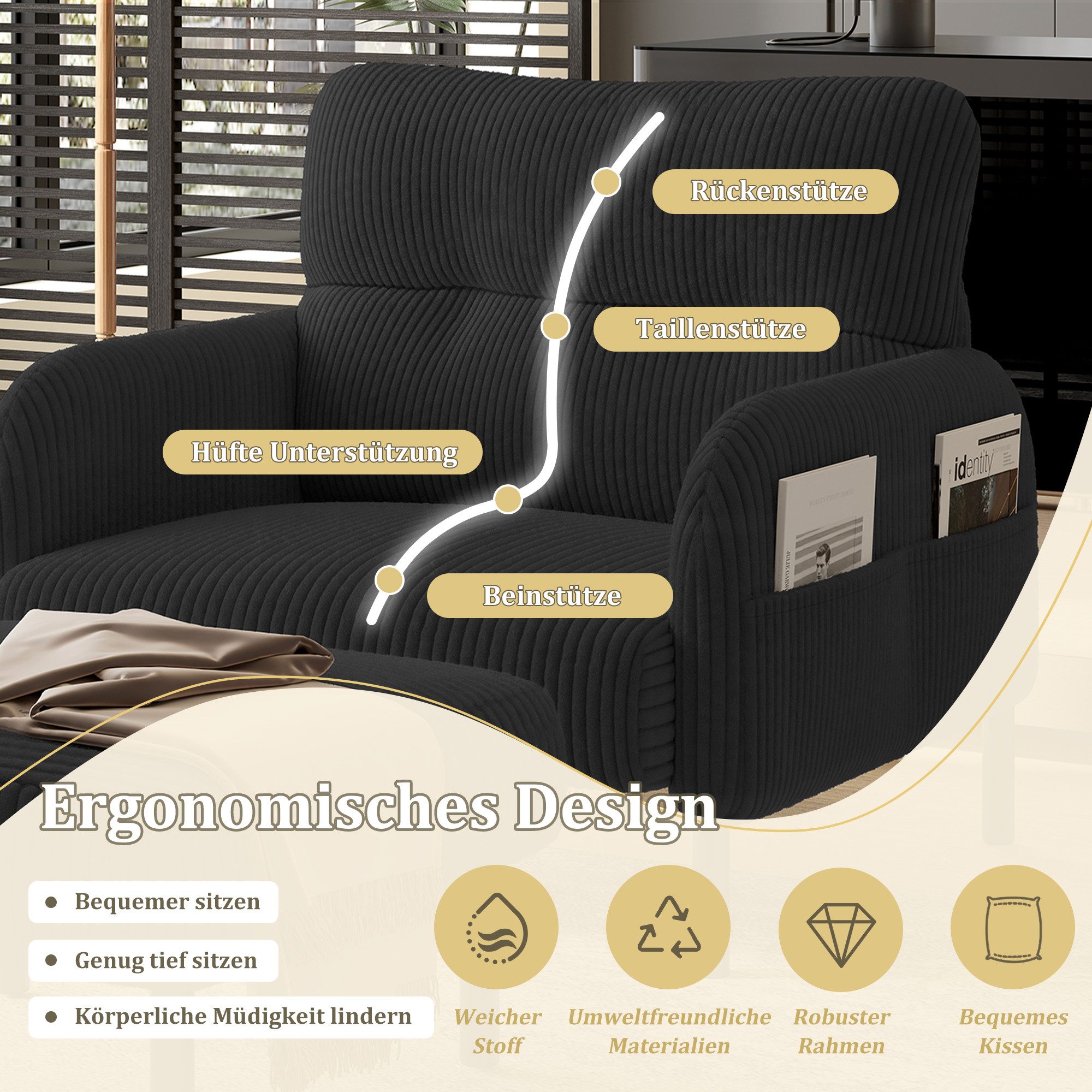 BlingBin Sessel Relaxsessel Polsterstuhl Loungesessel (1-St., Cordstoff, Armlehnen mit Seitentaschen auf beiden Seiten), für Wohnzimmer, Schlafzimmer, Arbeitszi – Bild 5 von 5