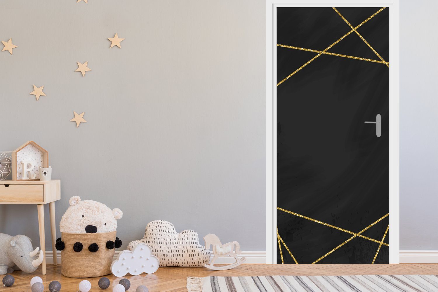 Türtapete MuchoWow goldenen Fototapete schwarzem (1 aus bedruckt, Tür, Geometrisches Türaufkleber, Hintergrund, Muster Matt, auf für St), Linien cm 75x205
