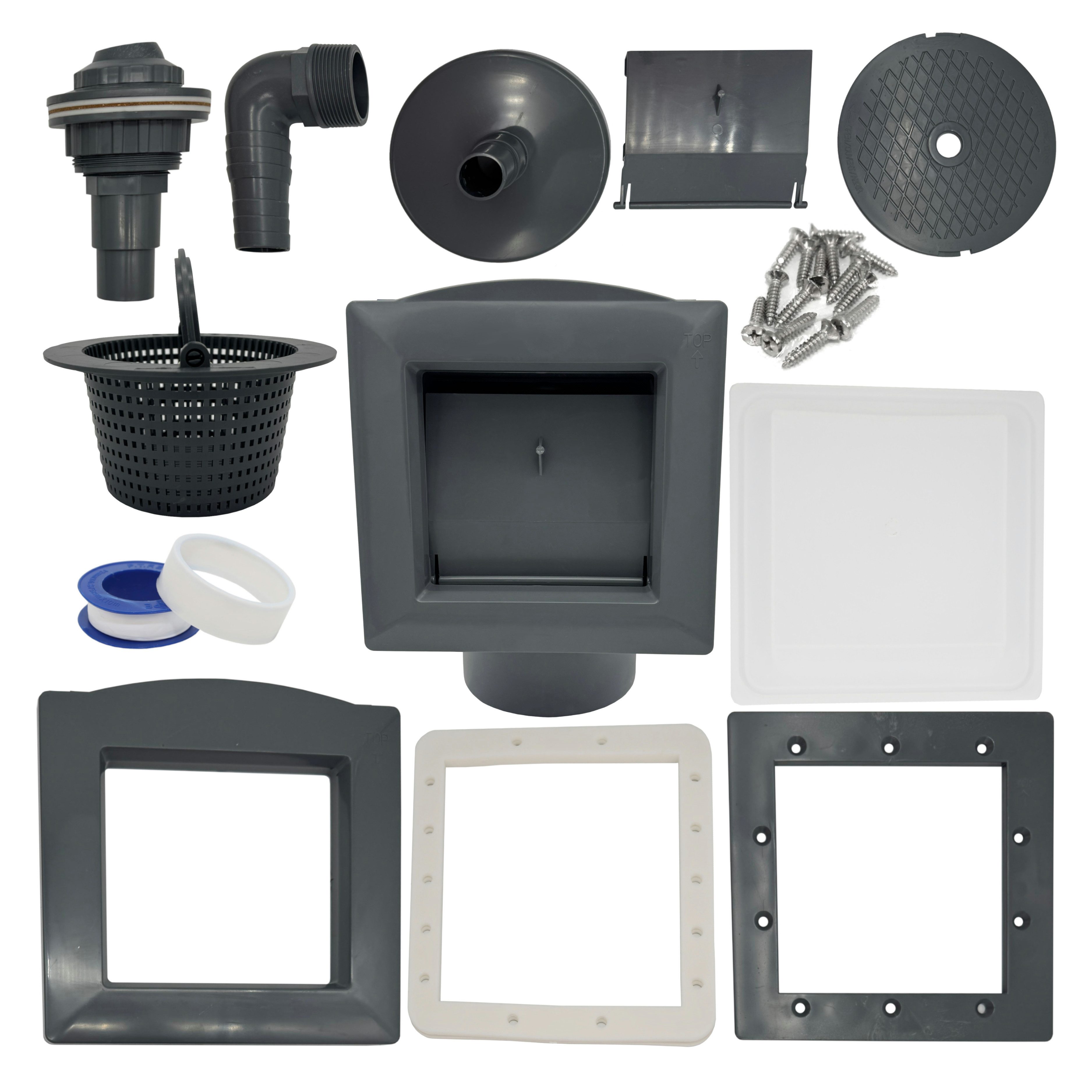 HAF Skimmer ABS Pool Einbauskimmer Komplett Set Grau Stahlwandbecken Aufstellpool (Mit 32mm und 38mm Schlauchanschluss, Inkl. Skimmerkorb, Einlaufdüse uvm), Für Stahlwandbecken und Einbaubecken