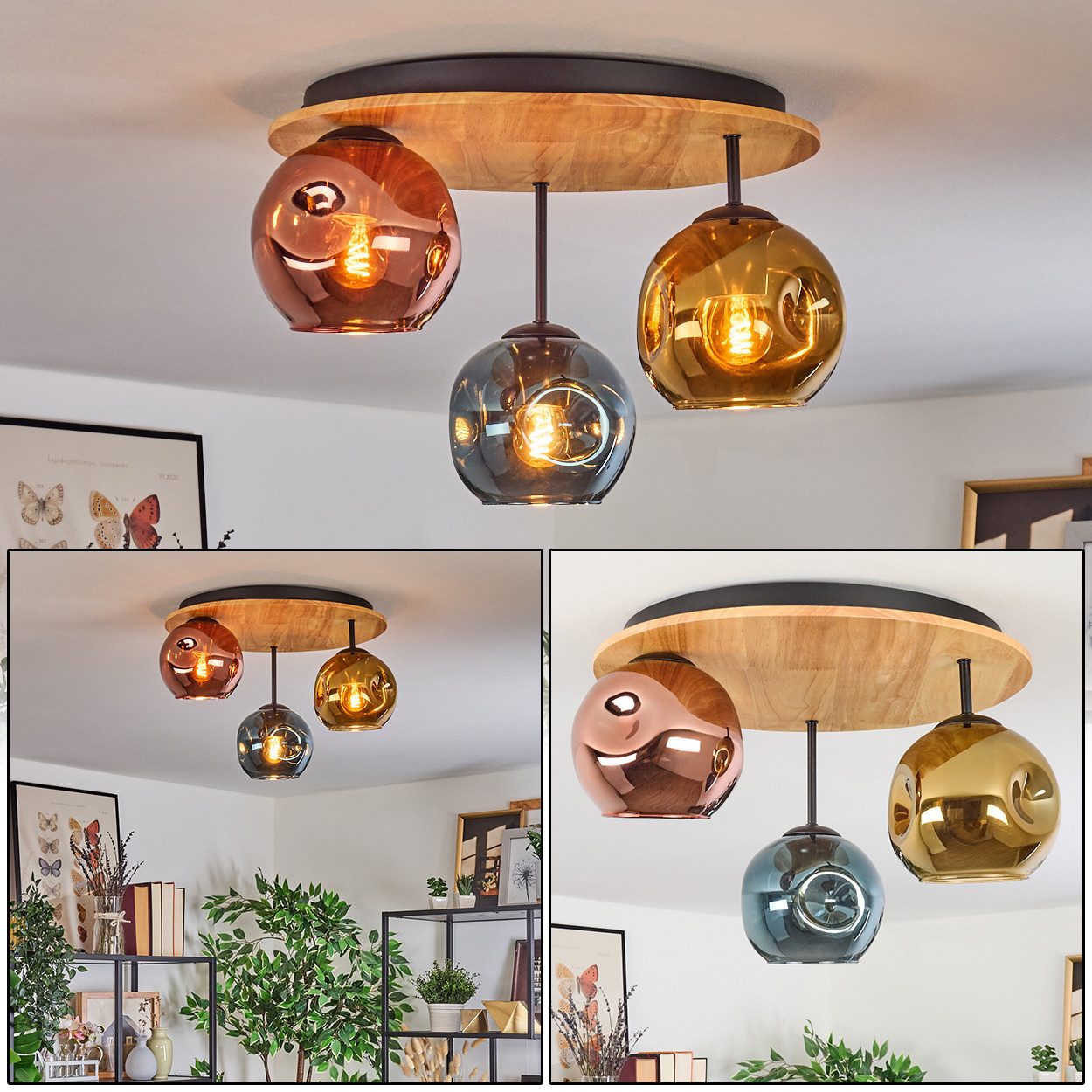 hofstein Deckenleuchte Deckenlampe aus Metall/Holz/Riffelglas, Schwarz/Natu günstig online kaufen