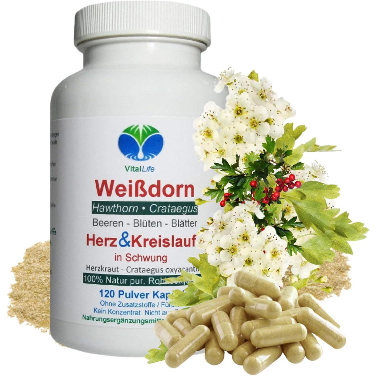 VitalLife Weissdorn Blüten Blätter & Beeren naturreines Herzkraut ohne Zusätze Kapseln, 1 er Dose à 120 St., 58 g, Art. 27100-120
