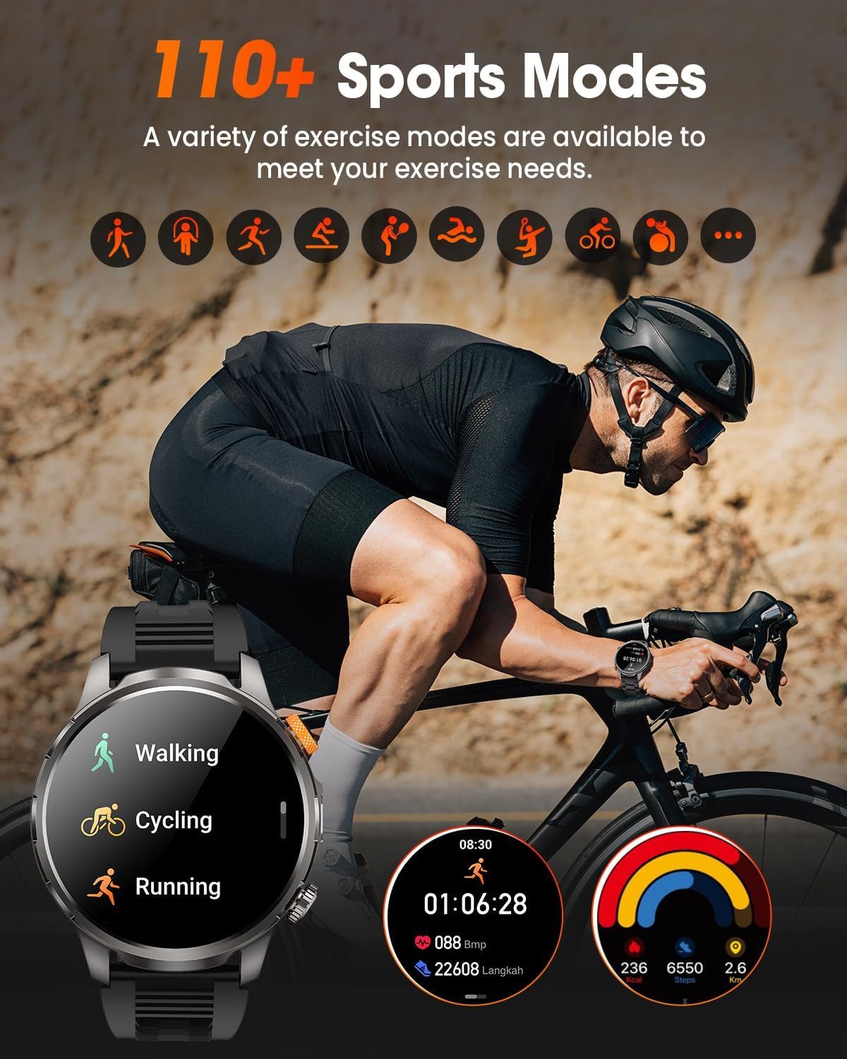 Zevelora Herren Militär, 1000mAH Akku Telefonfunktion, 5 ATM Wasserdicht Smartwatch (1,91 Zoll, Android/iOS), mit LED Taschenlampe 110+ Sportmodi/SpO2/Herzfrequenz/Schlafmonitor