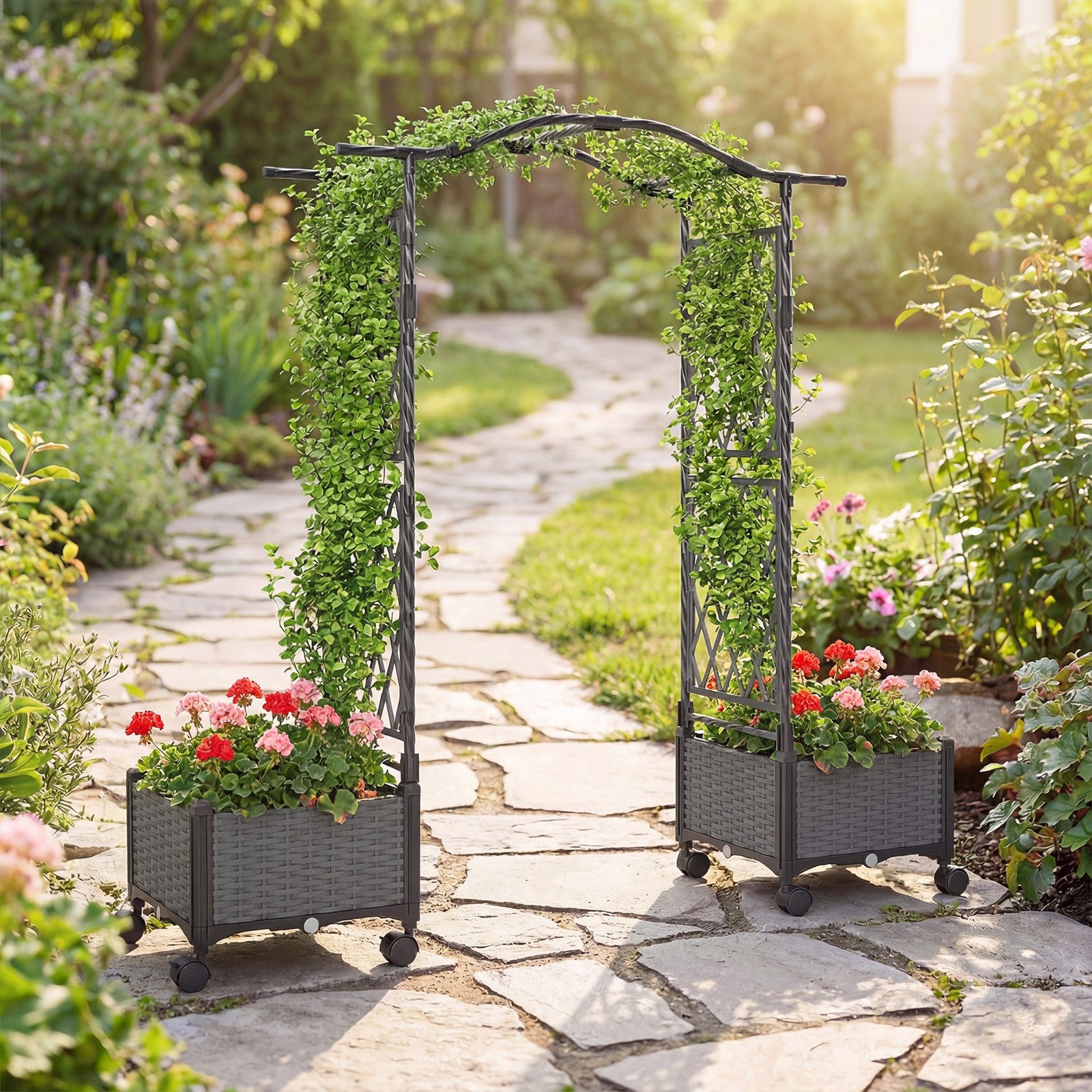 COSTWAY Blumenkasten (1 St), 2 in 1 Rosenbogen, mit Rankgitter, Rollen, für Kletterpflanzen