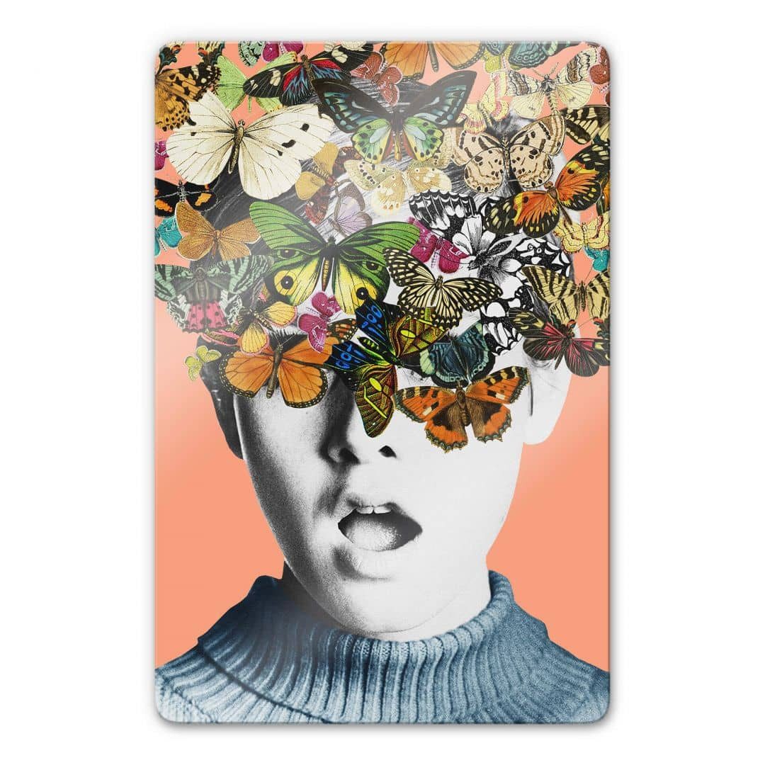 K&L Wall Art Glasbild Glasbild Retro Twiggy Schmetterlinge Frida Floral Studio, Glasposter Wohnzimmer modern