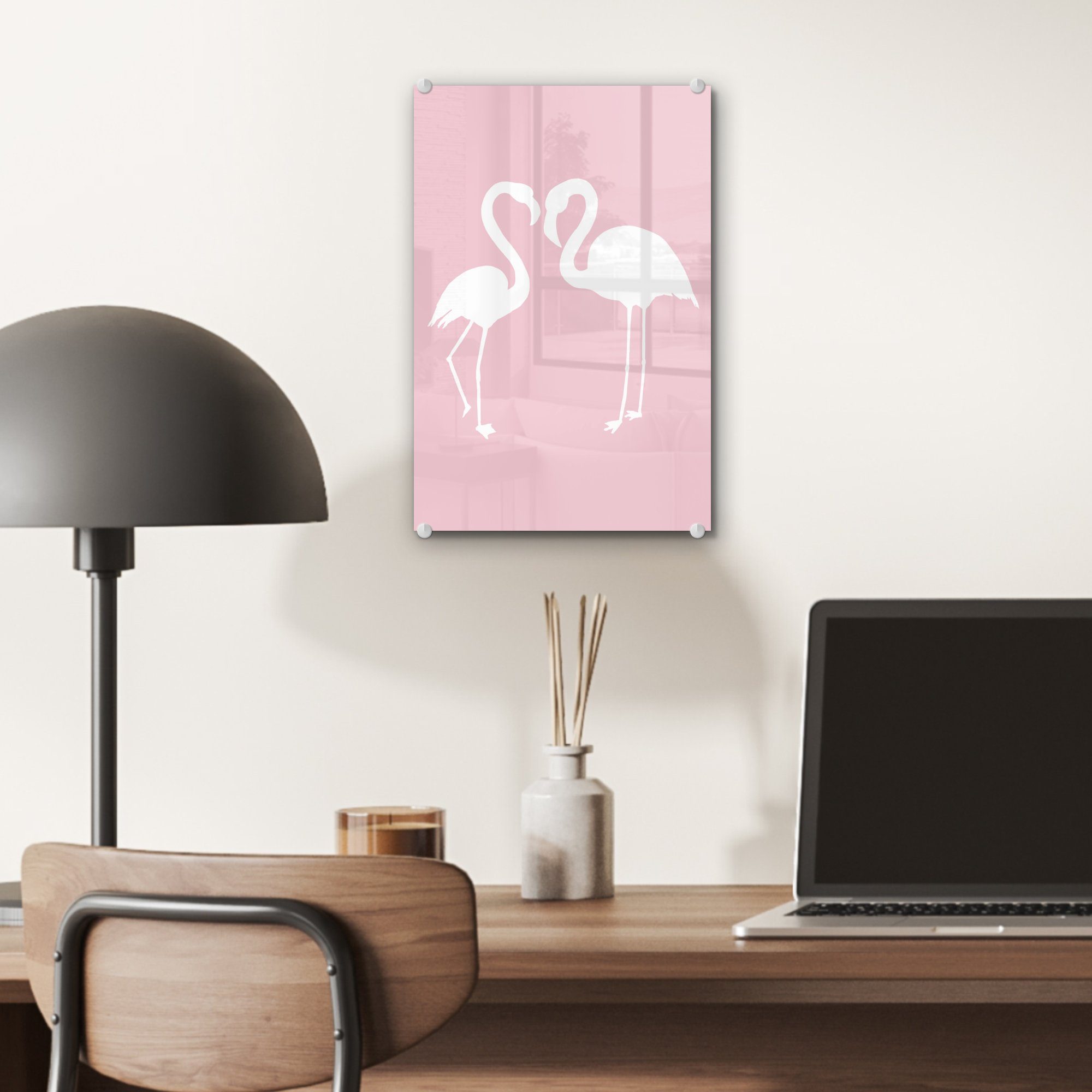 Herz Glas auf Rosa (1 Bilder - St), Flamingo, Wanddekoration - MuchoWow Acrylglasbild - Foto bunt Wandbild Glas - Glasbilder auf -