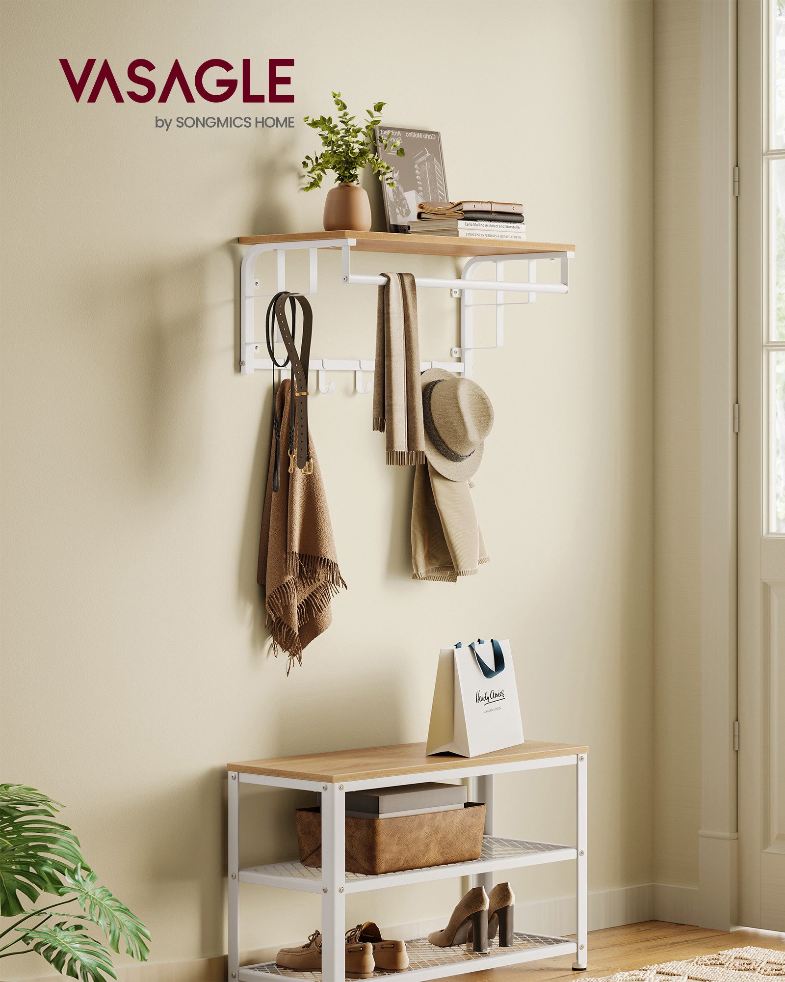 VASAGLE Wandgarderobe, Wandregal mit Haken, Länge 66 - 80 cm günstig online kaufen