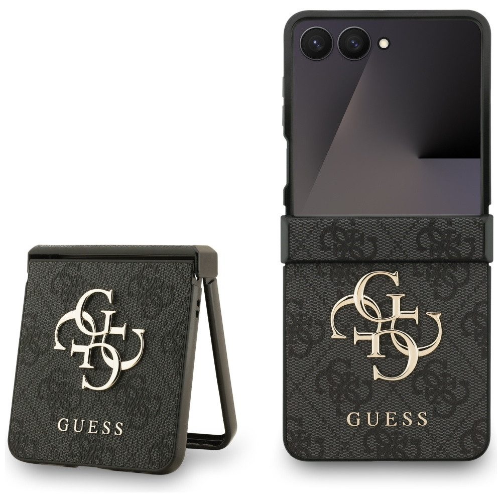 Guess Handyhülle Galaxy Z Flip7 Muster Kunstleder grau Big Logo goldfarben 6,9 Zoll, Kantenschutz