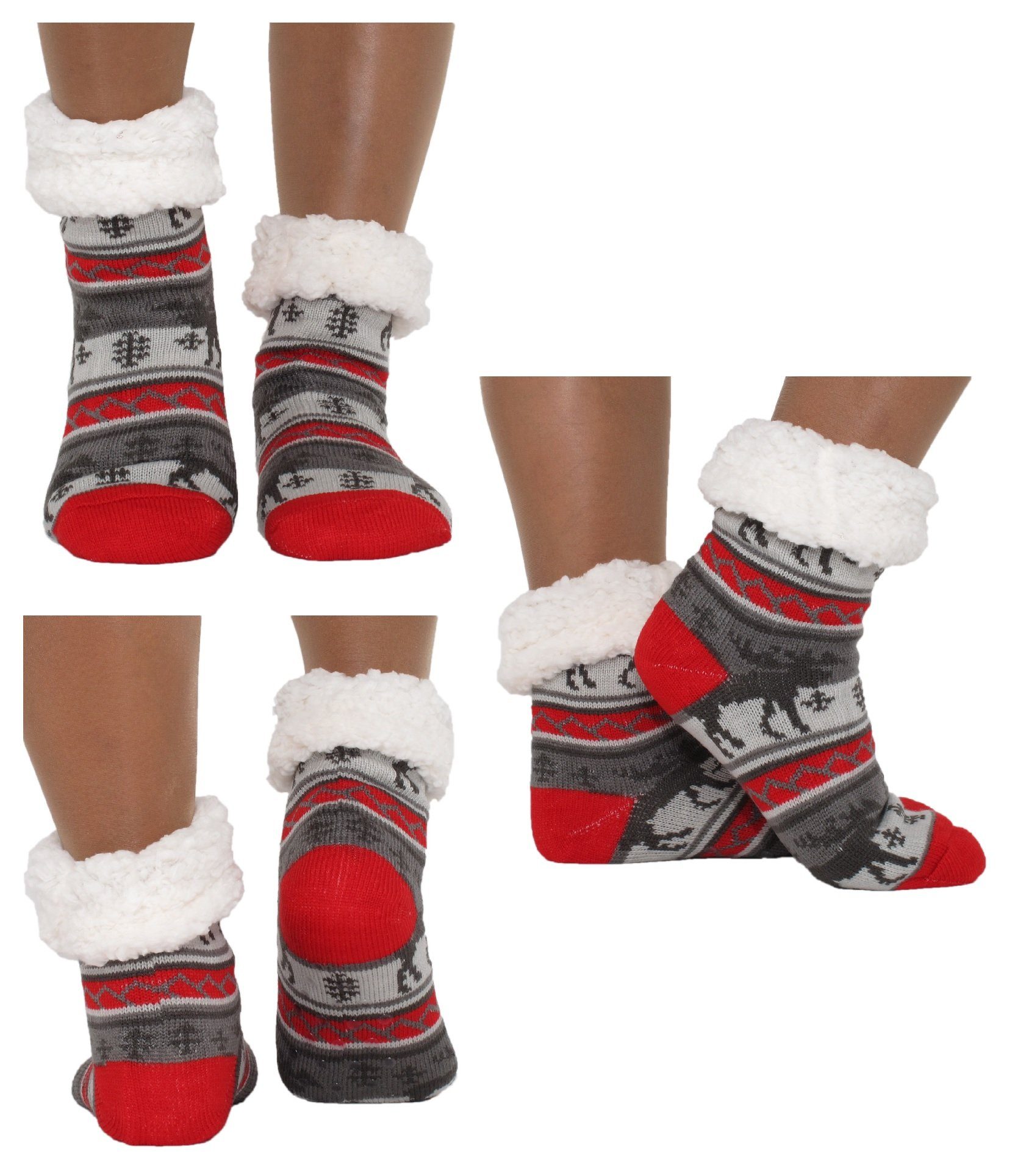 Antonio Kuschelsocken Hüttensocken Haussocken Hüttenschuhe Grau Rot ABS Teddy Art: