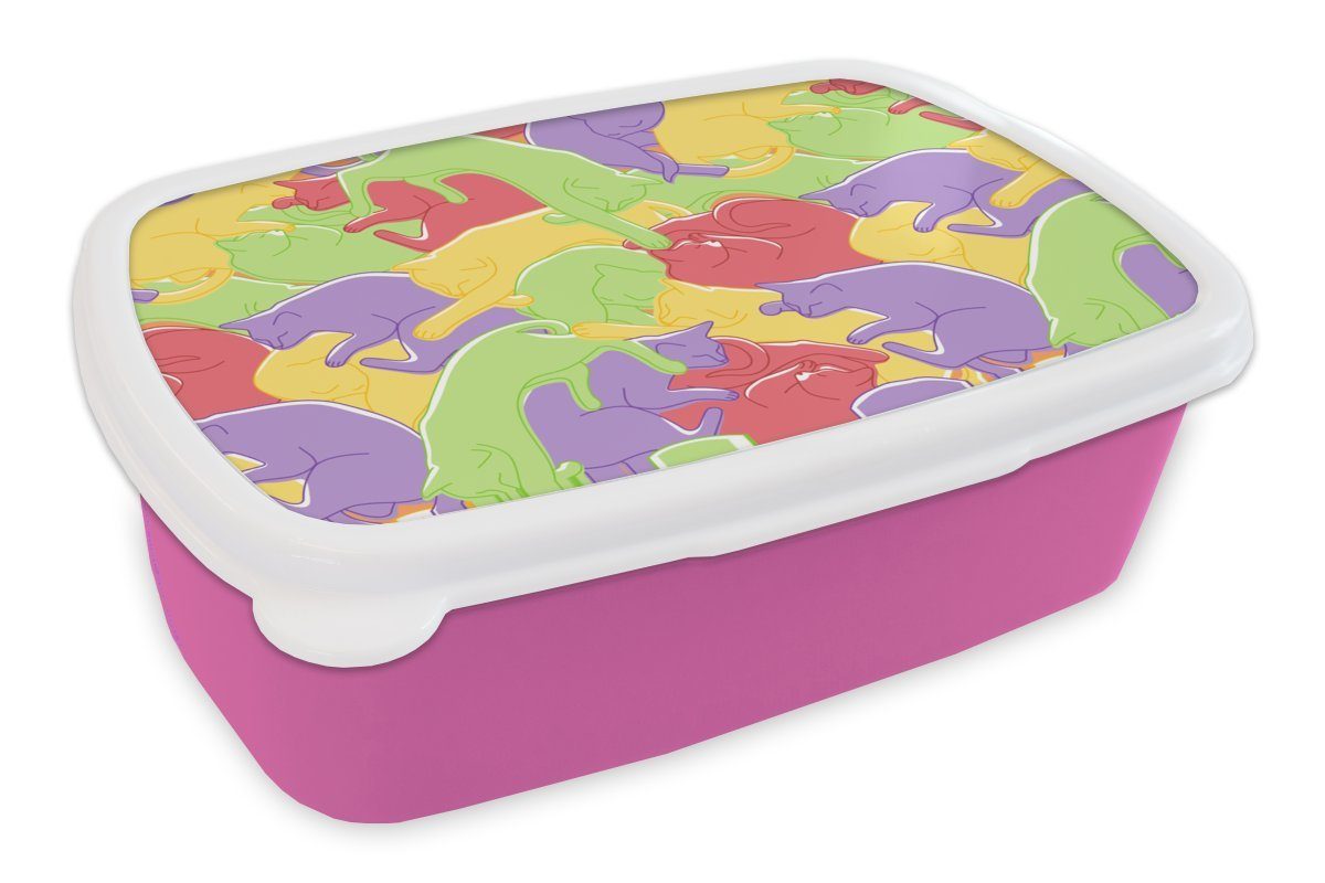 MuchoWow Lunchbox Katzen - Regenbogen - Kinder - Pastell - Muster, Kunststoff, (2-tlg), Brotbox für Erwachsene, Brotdose Kinder, Snackbox, Mädchen, Kunststoff rosa