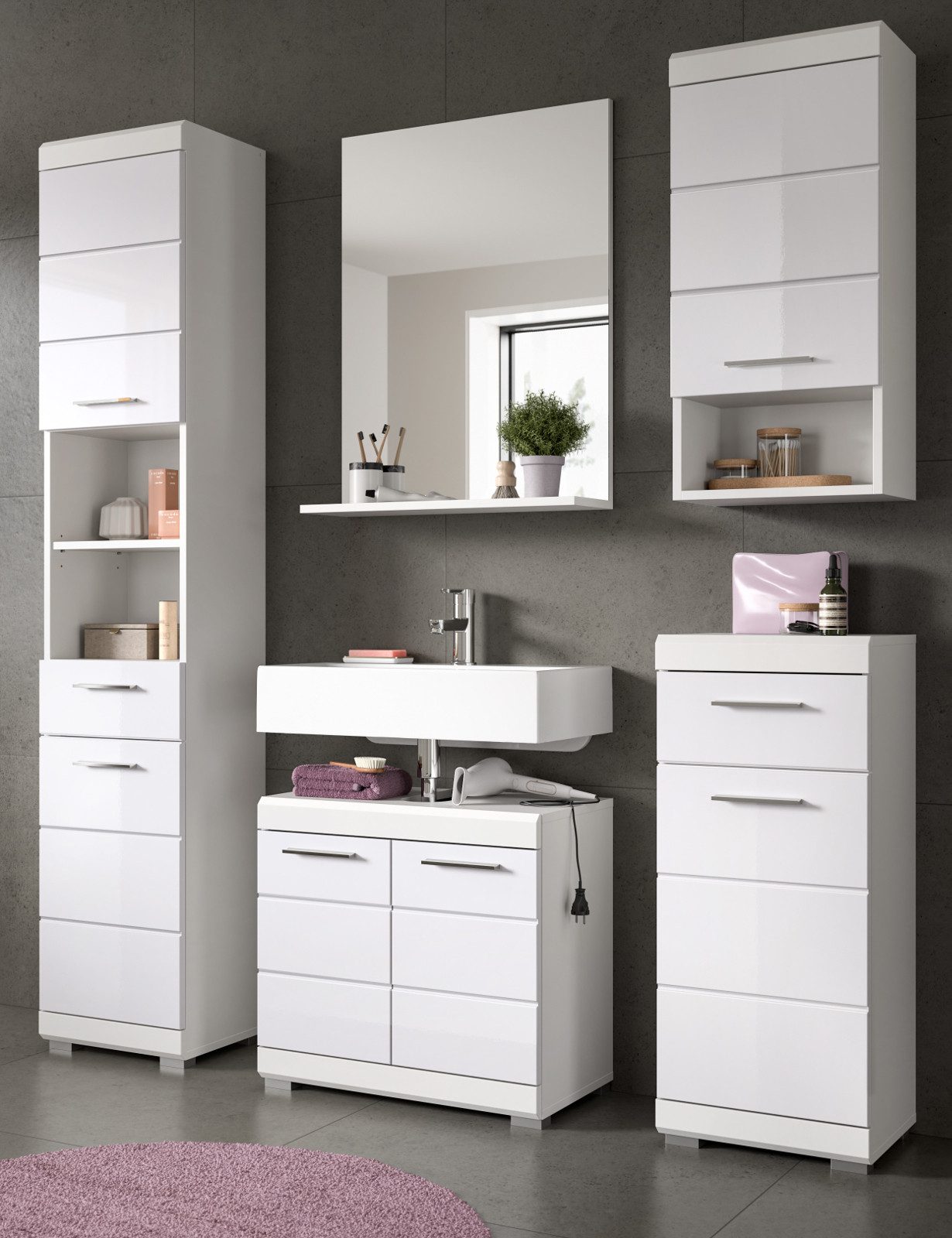 Inn.Furn Badmöbel-Set Shawn, (Badezimmer in weiß Hochglanz, Komplett-Set 5-teilig), Viel Stauraum, 13 Fächer und 2 Schubladen