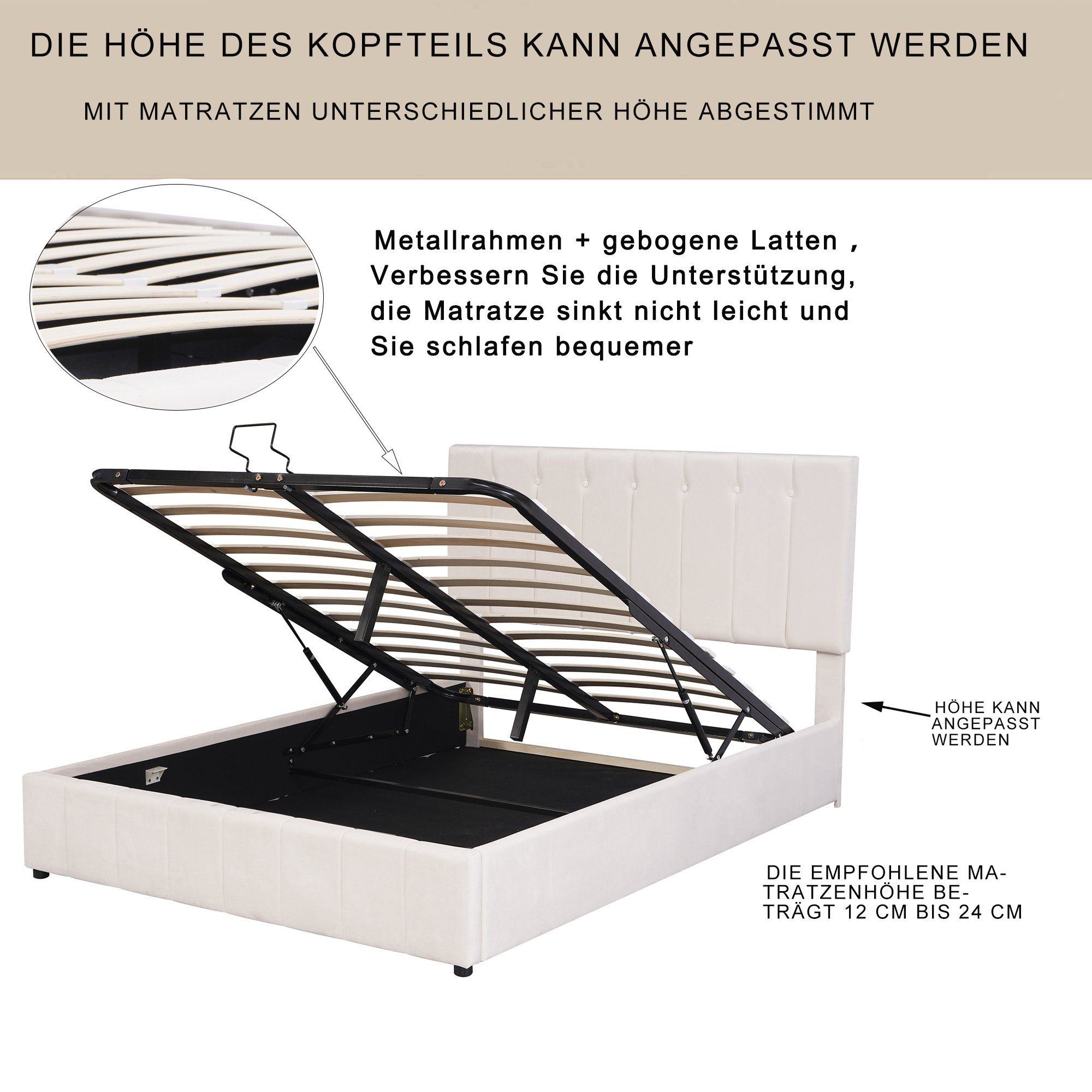 Polsterbett (Doppelbett, 1-tlg., 140x200 cm Hydraulisches Bett Funktionsbett, Samtbezug), mit Bettkasten & Lattenrost, Verstellbares Kopfteil
