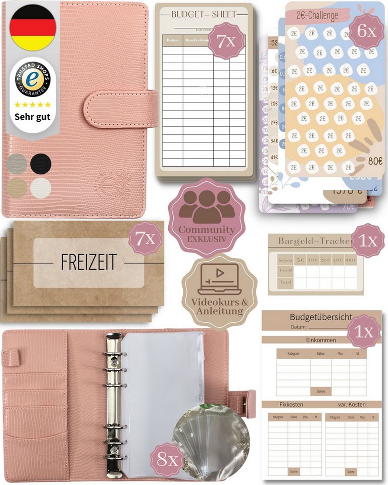 BeginnerBudget Ringbuchmappe Budgetplaner Starter-Set Sparbuch zum Geld Sparen + Spar-Challenges, Sparen mit Umschlagmethode + Anleitung - Ringbuch - Binder A6