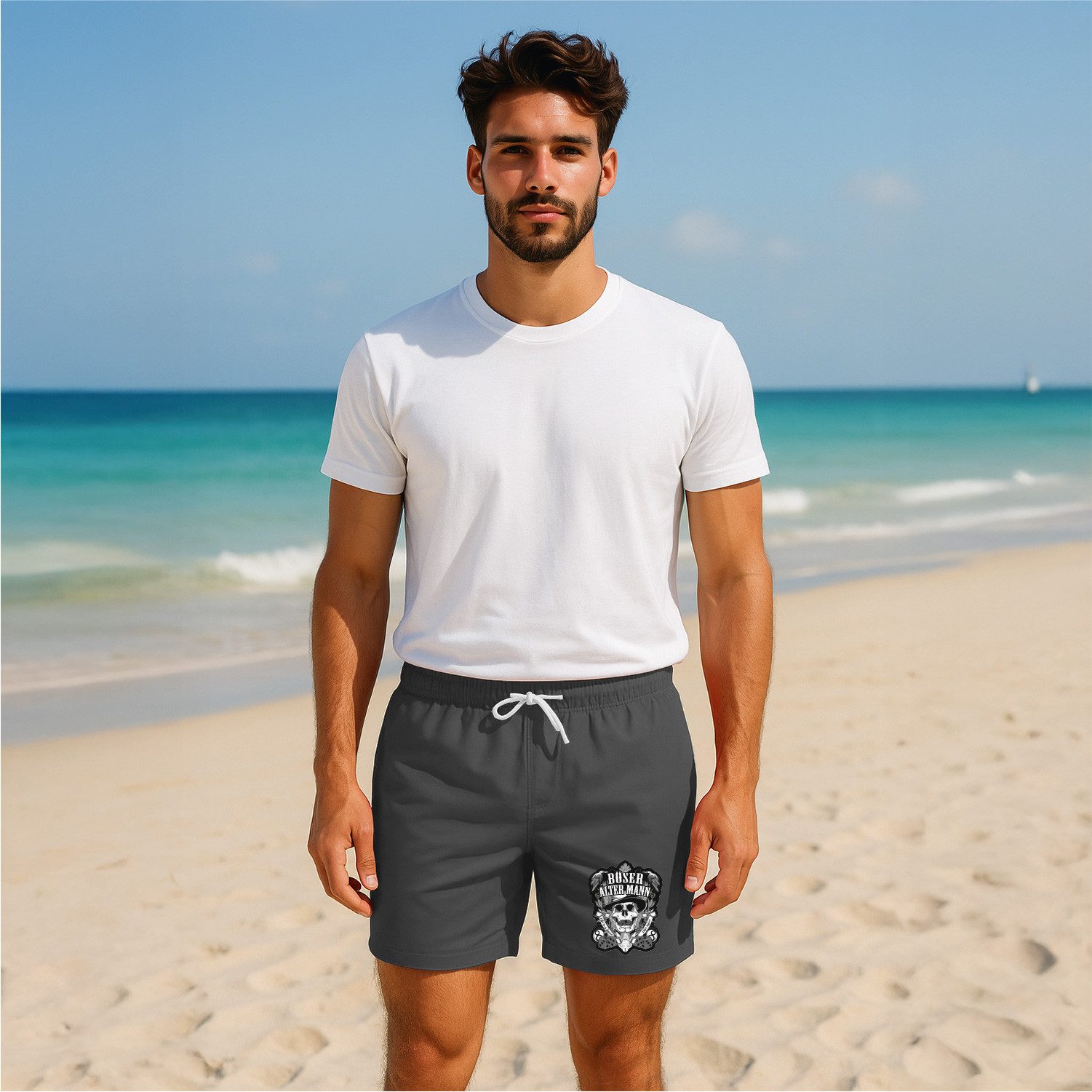 deinshirt Badehose Schwimmshorts Totenkopf böser alter Mann Integrierter Netz-Slip, aufgesetzte Gesäßtasche mit Klettverschluss