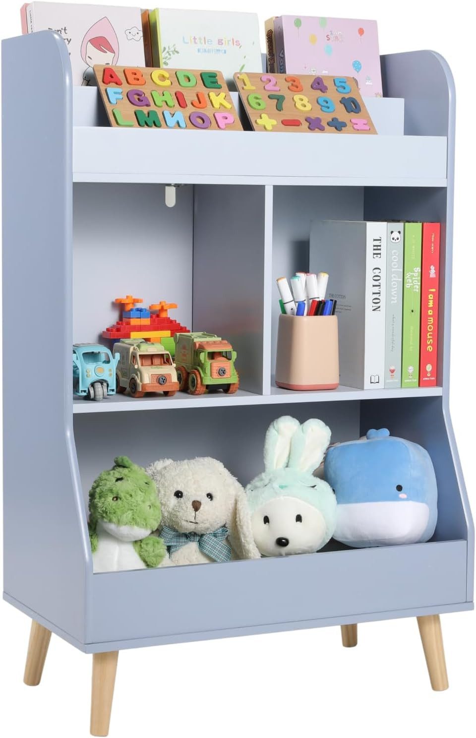 TLGREEN Spielzeugtruhe Kinderregal Bücherregal (Spielzeug Aufbewahrung,Spielzeugregal Kinderregal, 34T x 62B x 93,5H cm), 2Ablagefächern,3 offenen Fächern