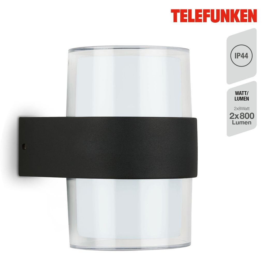 Telefunken Außen-Wandleuchte 320405TF, LED fest integriert, 2700K - Extra-Warmweiß, Wand Außenleuchte IP44 4000K 800lm 8W schwarz