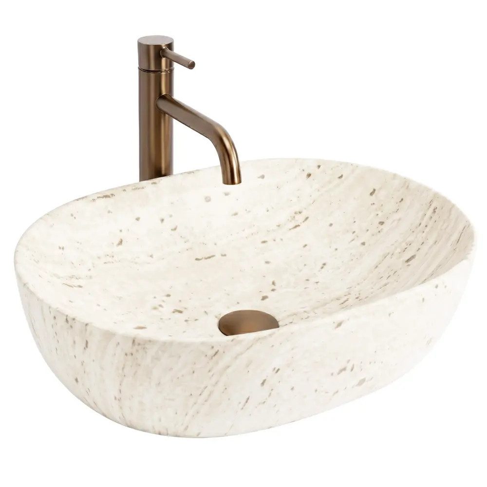 wohnwerk.idee Aufsatzwaschbecken Waschbecken Naturstein Optik Beige Oval Waschschale Bad Design