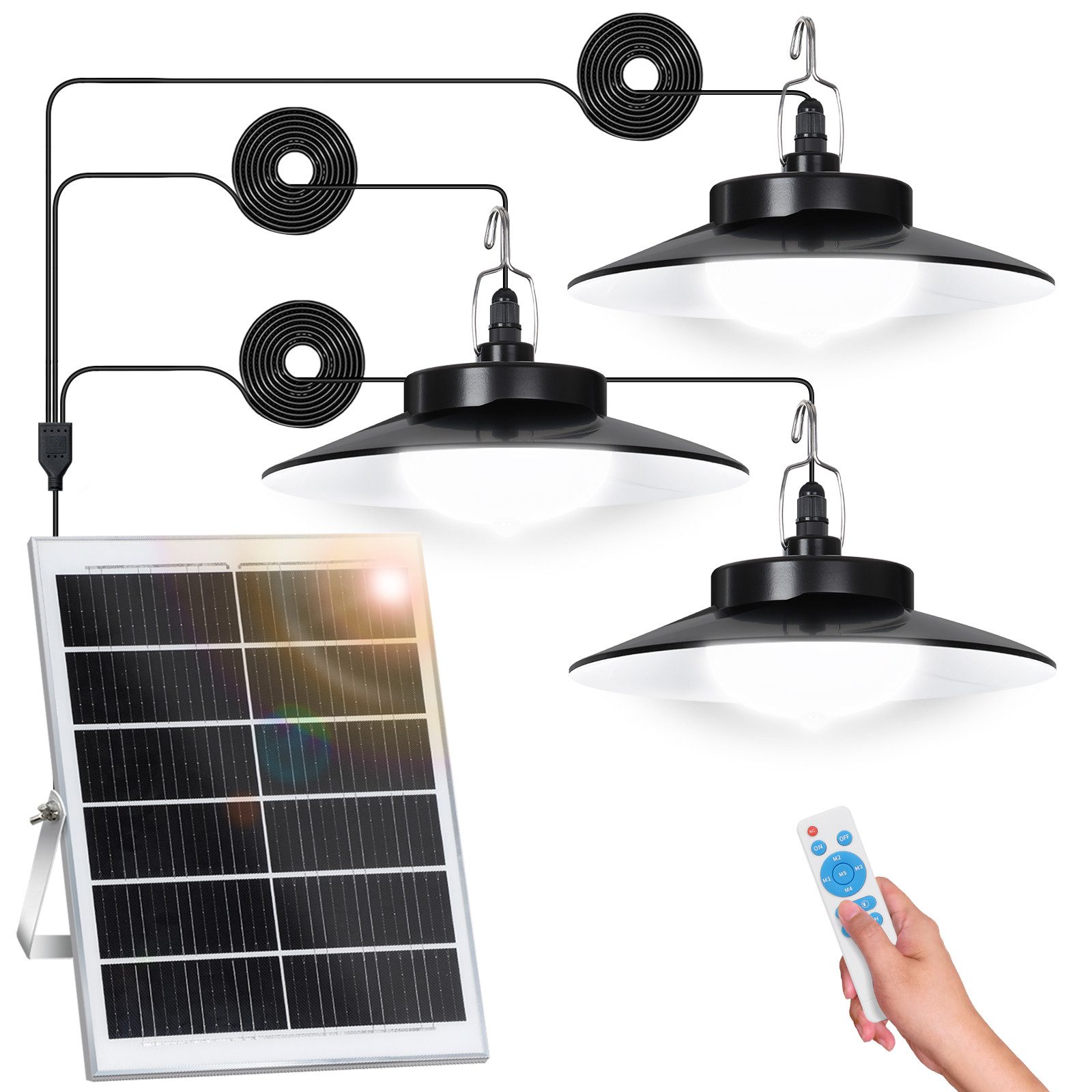 LMaxhome LED Solarleuchte Hängelampen Solar Deckenleuchte Outdoor, 5 Modi mit Fernbedienung IP65, 3 Lampen, LED fest integriert, Warmweiß/Kaltweiß Wahlbar, mit Bewegungsmelder und 5m Kabel, Solarlampe für Garten, Terrasse