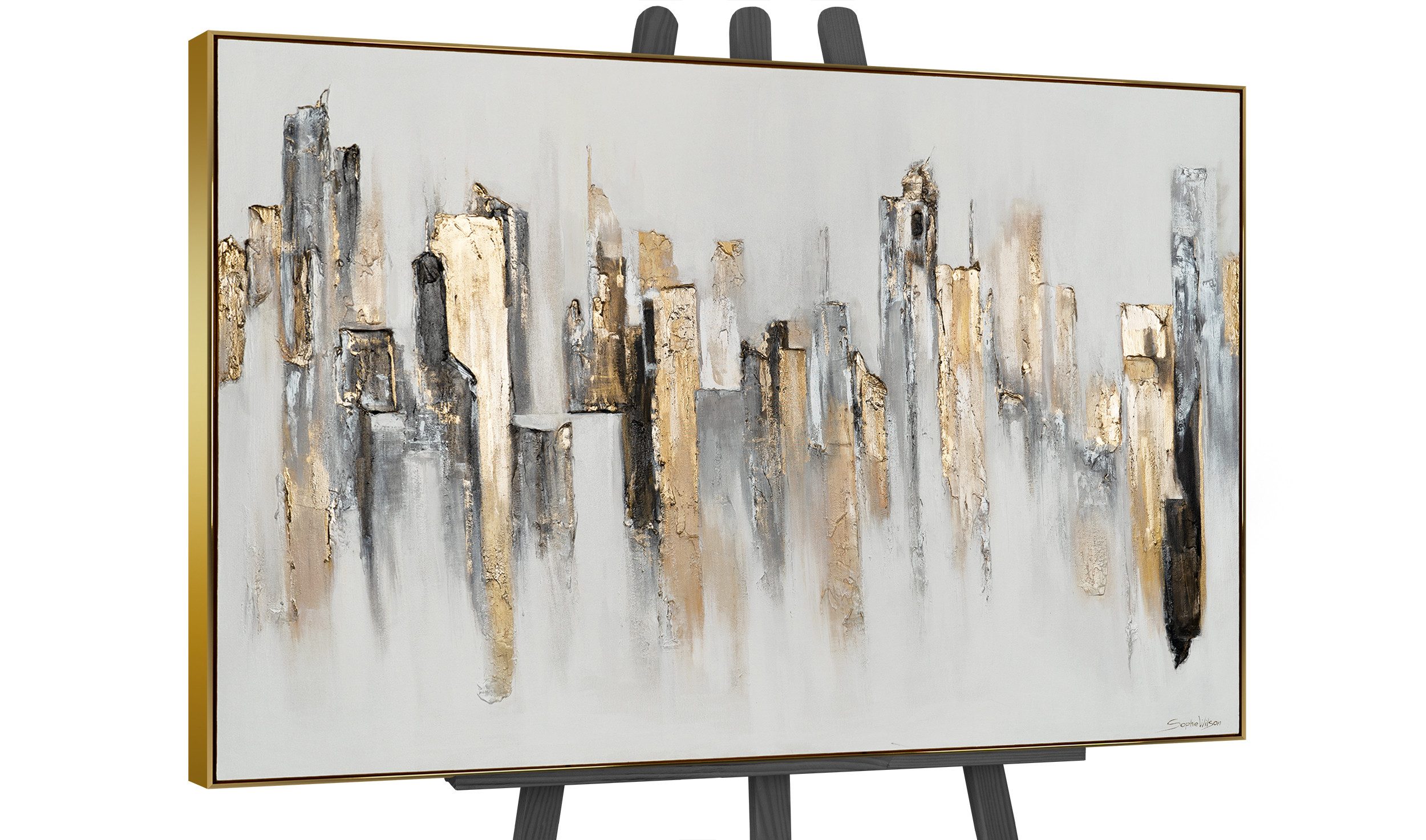 YS-Art Картина Stadtrhythmen, Abstraktion, Leinwandbild Großstadt in Weiß und Gold, Wolkenkratzer