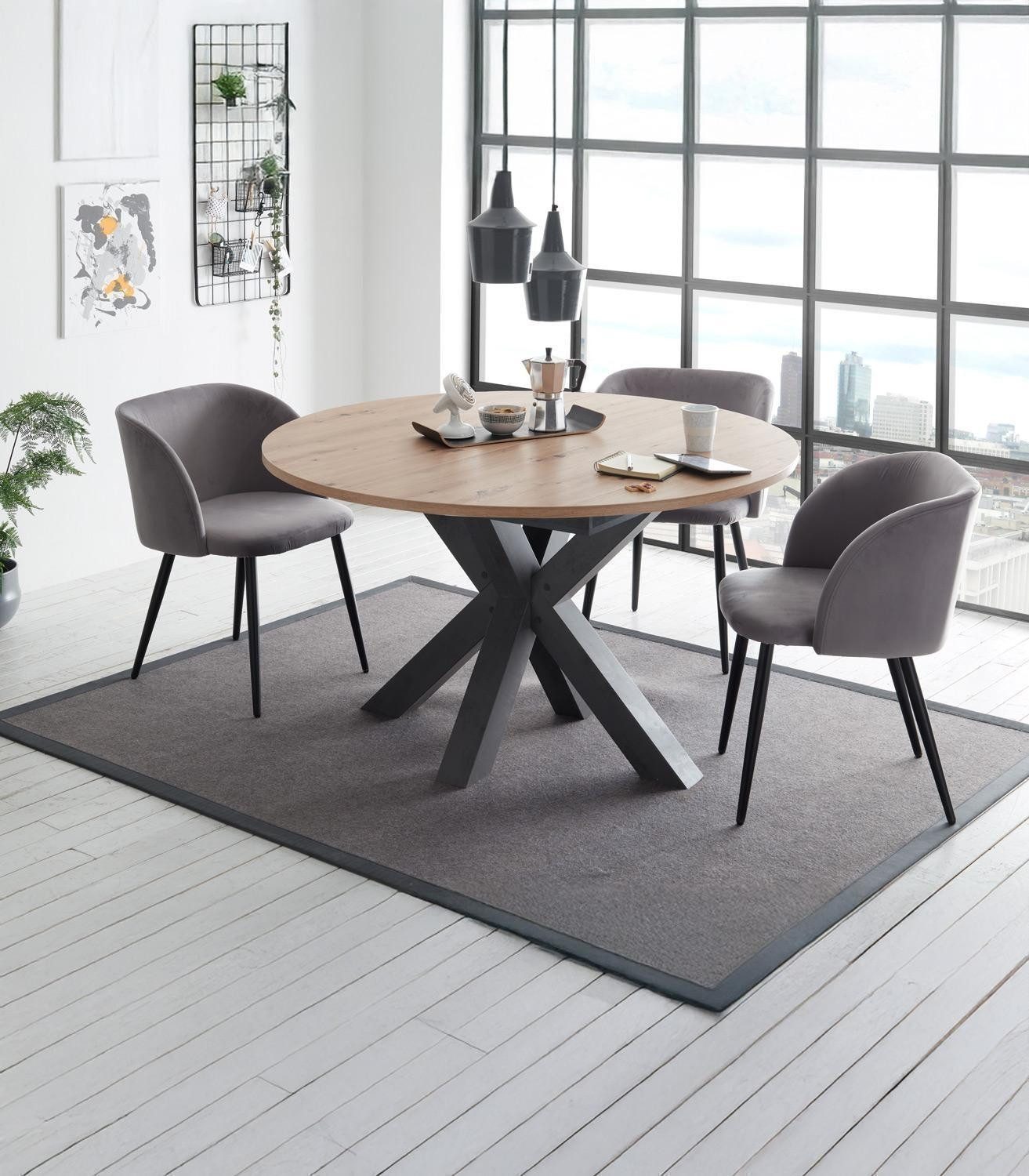 Mäusbacher Esstisch BIG SYSTEM, Ø 130 cm, Asteiche Dekor, Graphit Dekor, bis auf eine Breite von 170 cm ausziehbar