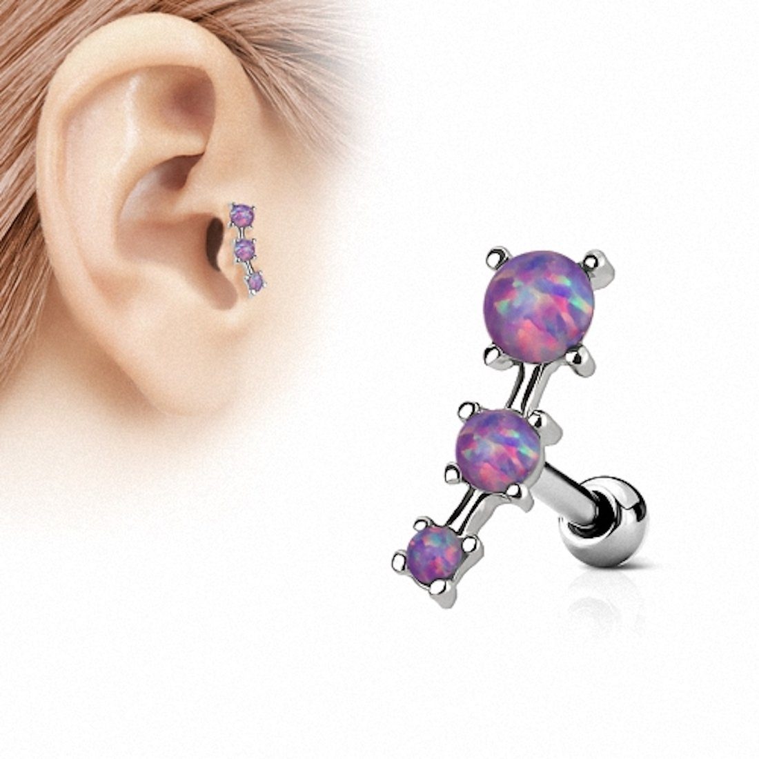 Taffstyle Piercing-Set Tragus Piercing Stecker mit 3 Opal Steinen, Helixpiercing Helix Ohr Cartilage Knorpel Stecker mit 3 Opal Steinen Lila