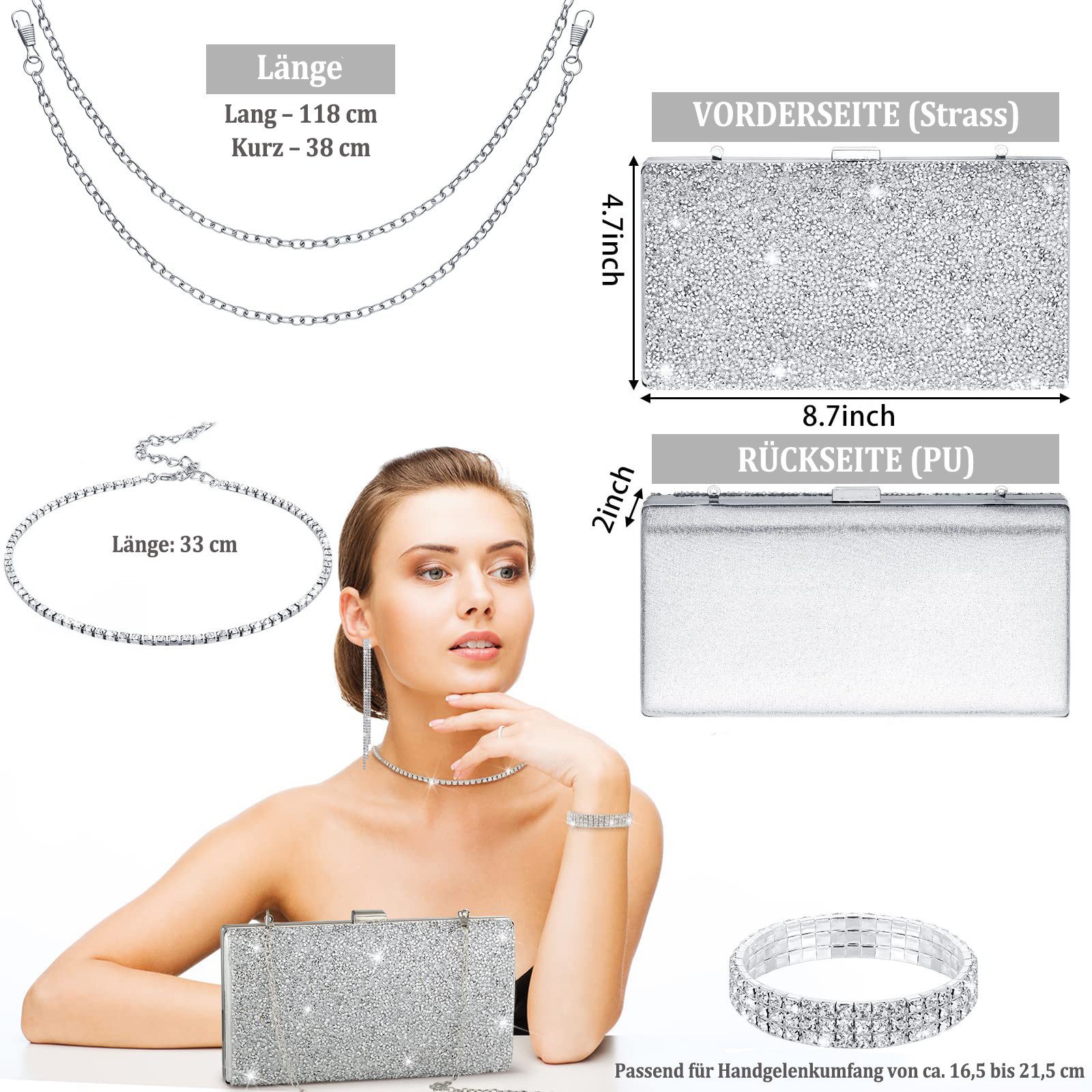 Cachito Schmuckset 3-teiliges Damen-Schmuckset, Hochzeitsschmuck-Set, Schmuckset mit Halskette, Armband und Abendtasche