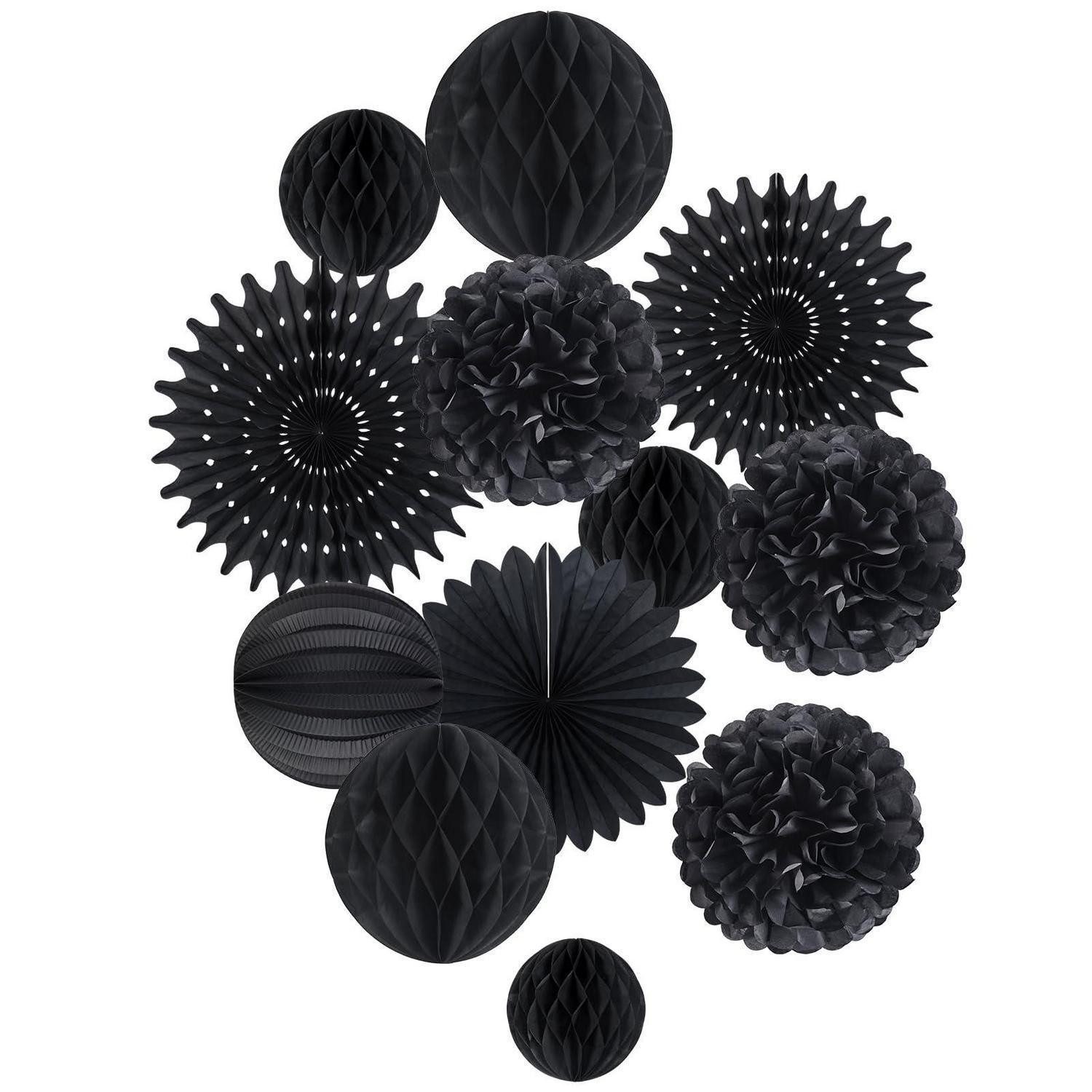 LuxusKollektion Papierfächer Deko Set Schwarz Papier Pompons Lampions Wabenbälle