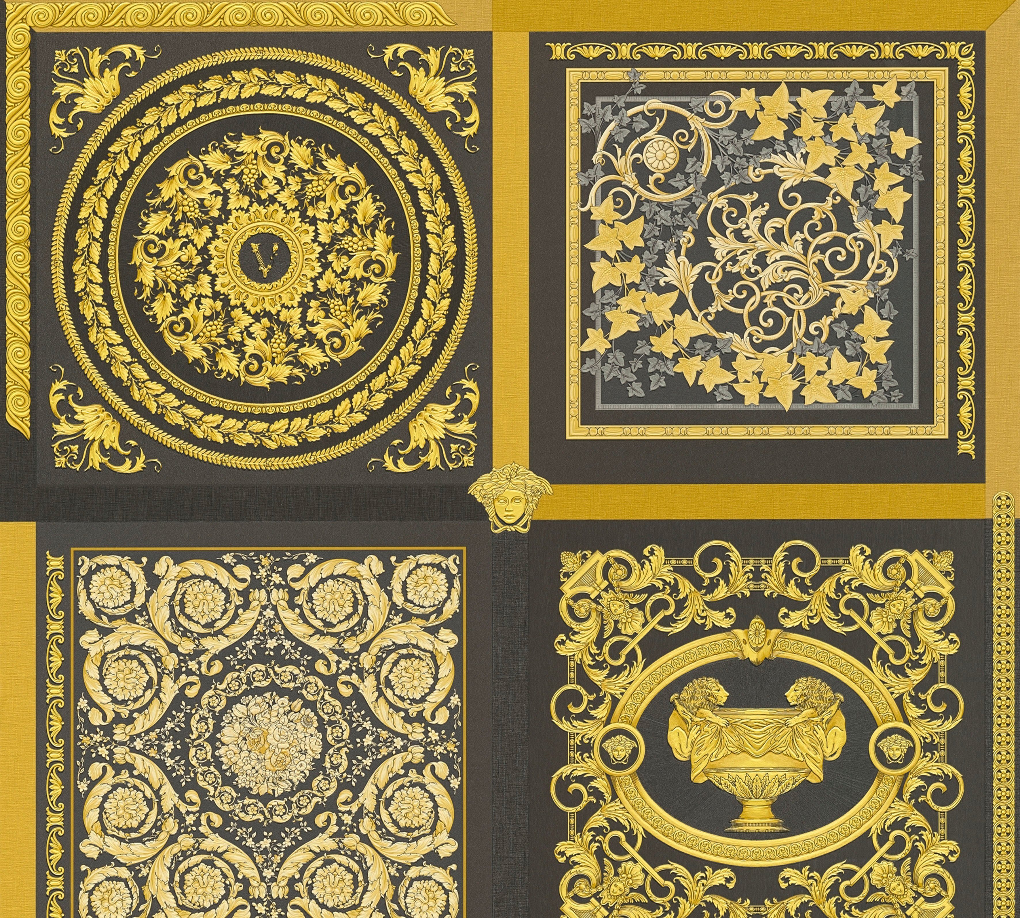 glänzend, auffallende Versace Fliesen-Tapete Vliestapete (1 leicht 5 Wallpaper Versace leicht St), Patchwork, strukturiert, Design schwarz/goldfarben