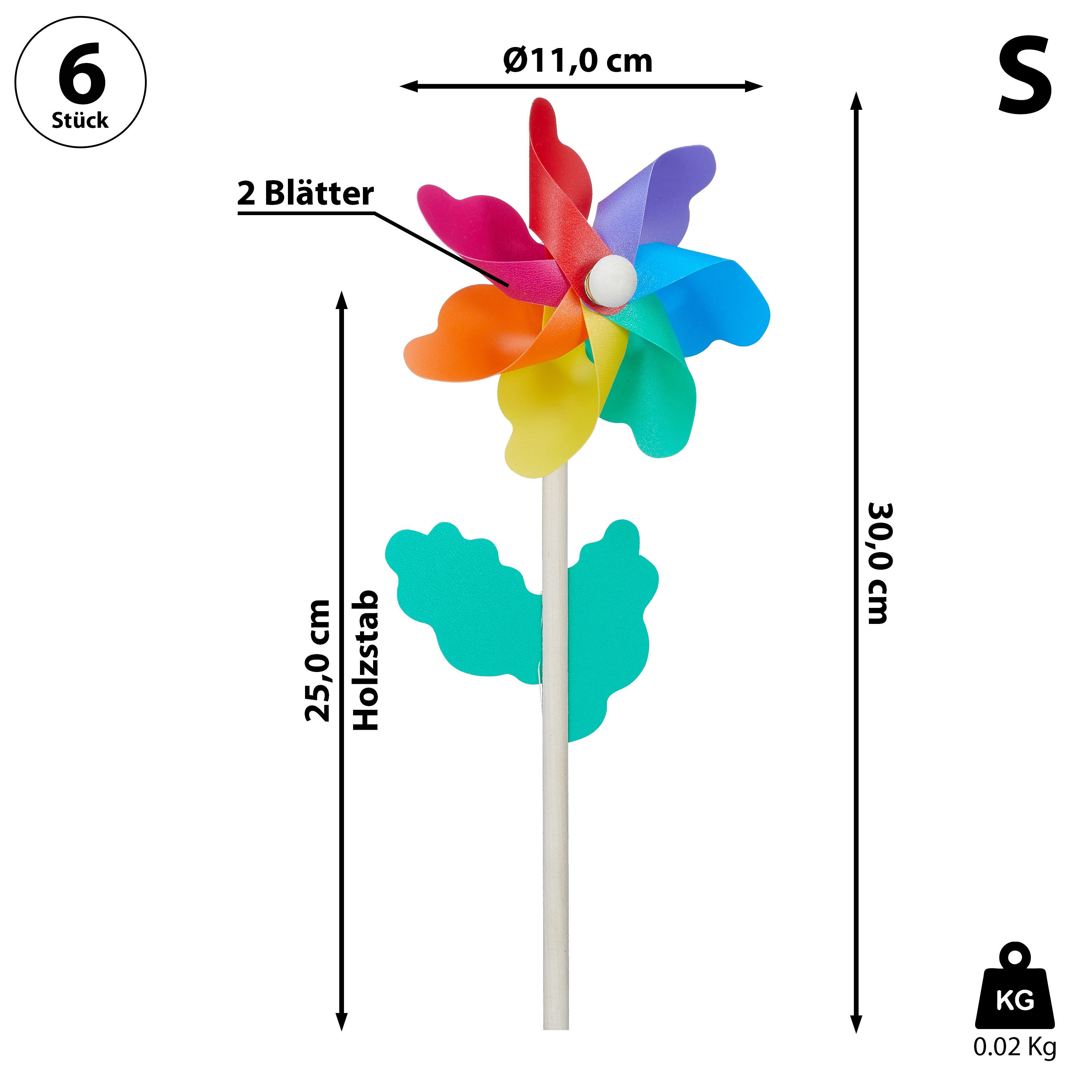 CEPEWA Windspiel Windrad 6er Set Ø11cm H30cm Holzstab Kunststoff bunt Windmühle