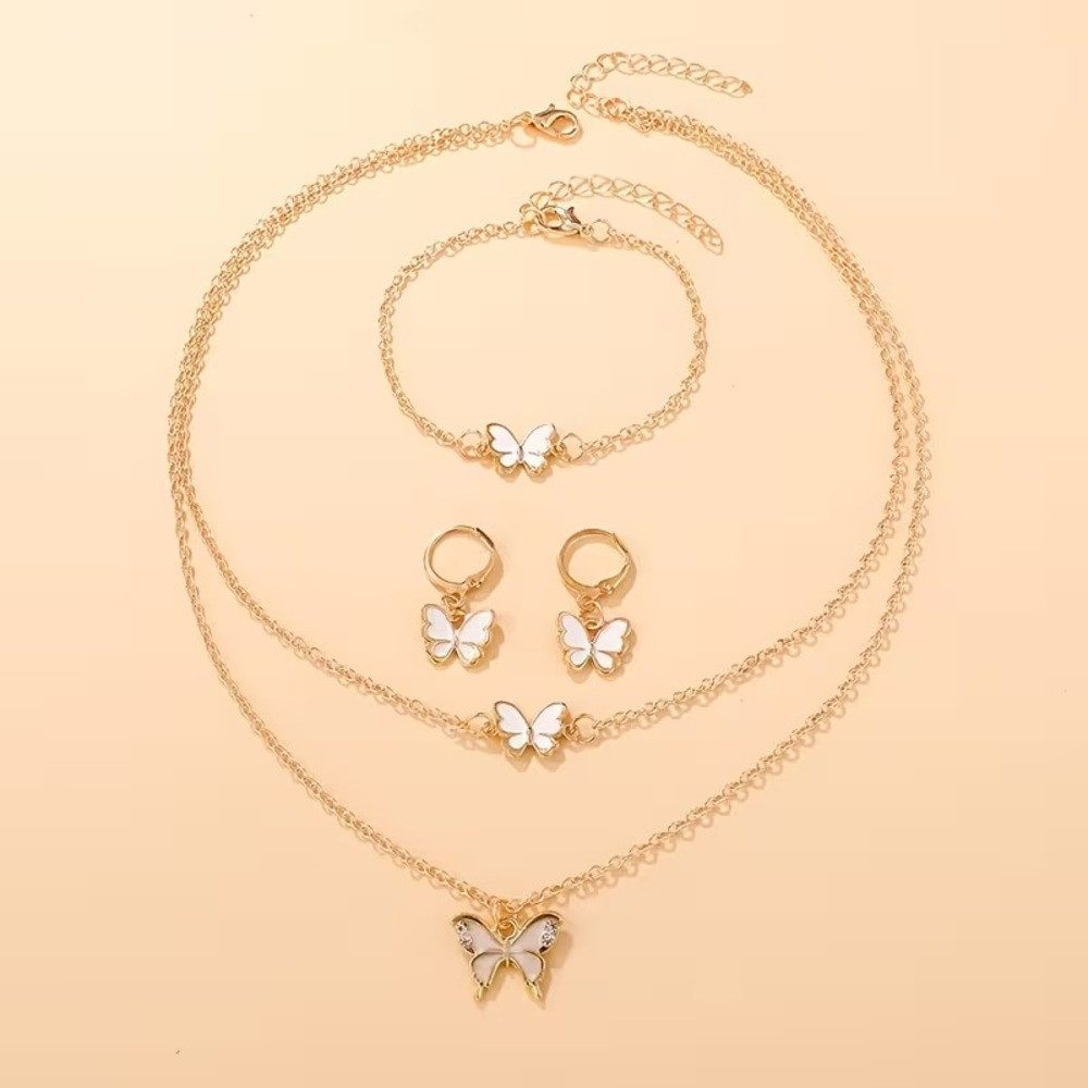 ILOKEN Ohrring und Ketten Set Vintage Schmetterling Schmuckset Gold Elegant Zirkonia Design (Schmuckset, 4-tlg., Halskette, Ohrringe, Armband), Vintage Schmetterling Schmuckset Gold mit Zirkonia elegant Set